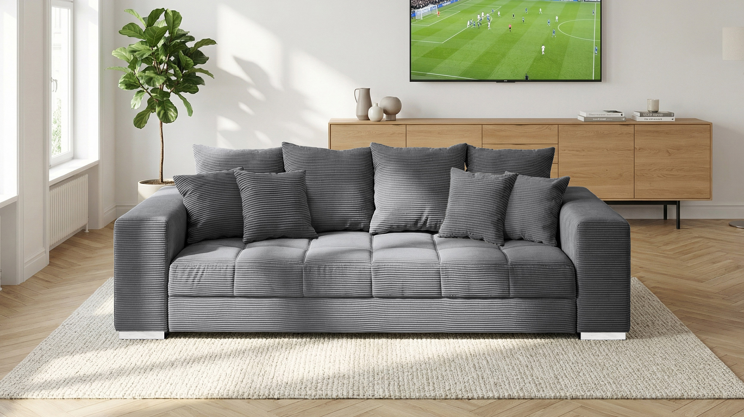 Big Sofa Cord grau - Nosagunterfederung - 254 cm - BORNEO