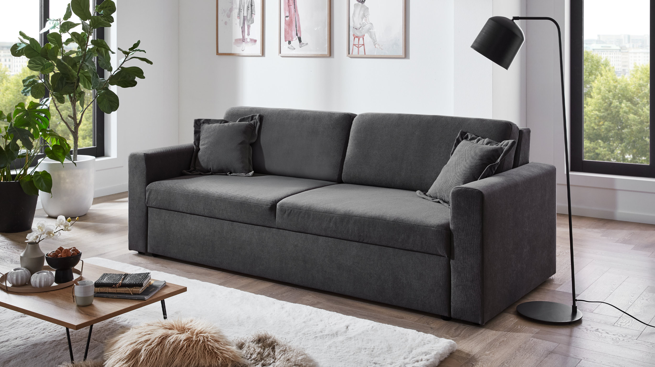 Schlafsofa grau ausziehbar 2-Sitzer 235 cm - BOXER