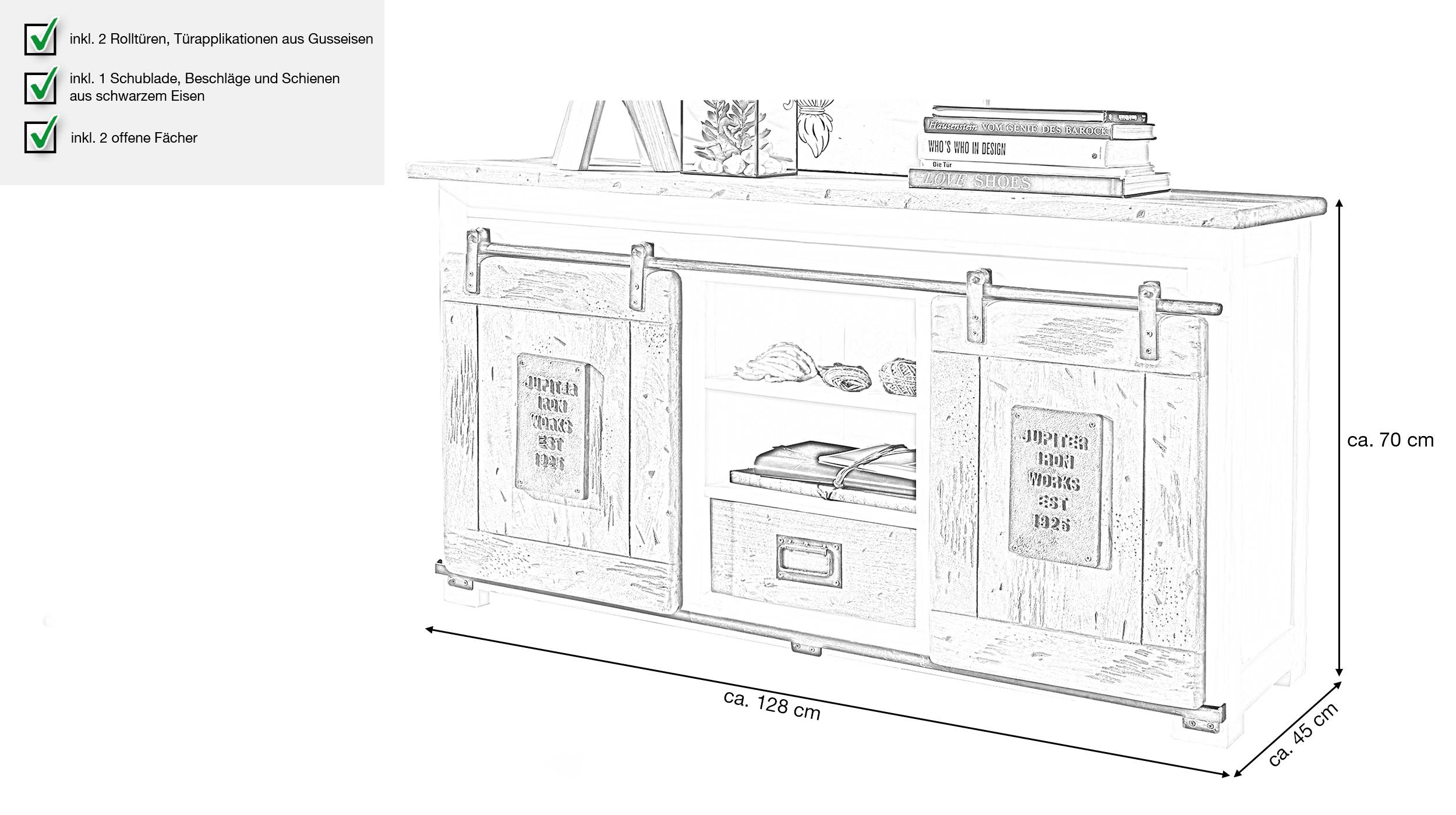 Sideboard 2 Rolltüren Massivholz Mango weiß 128 cm - EMANUEL