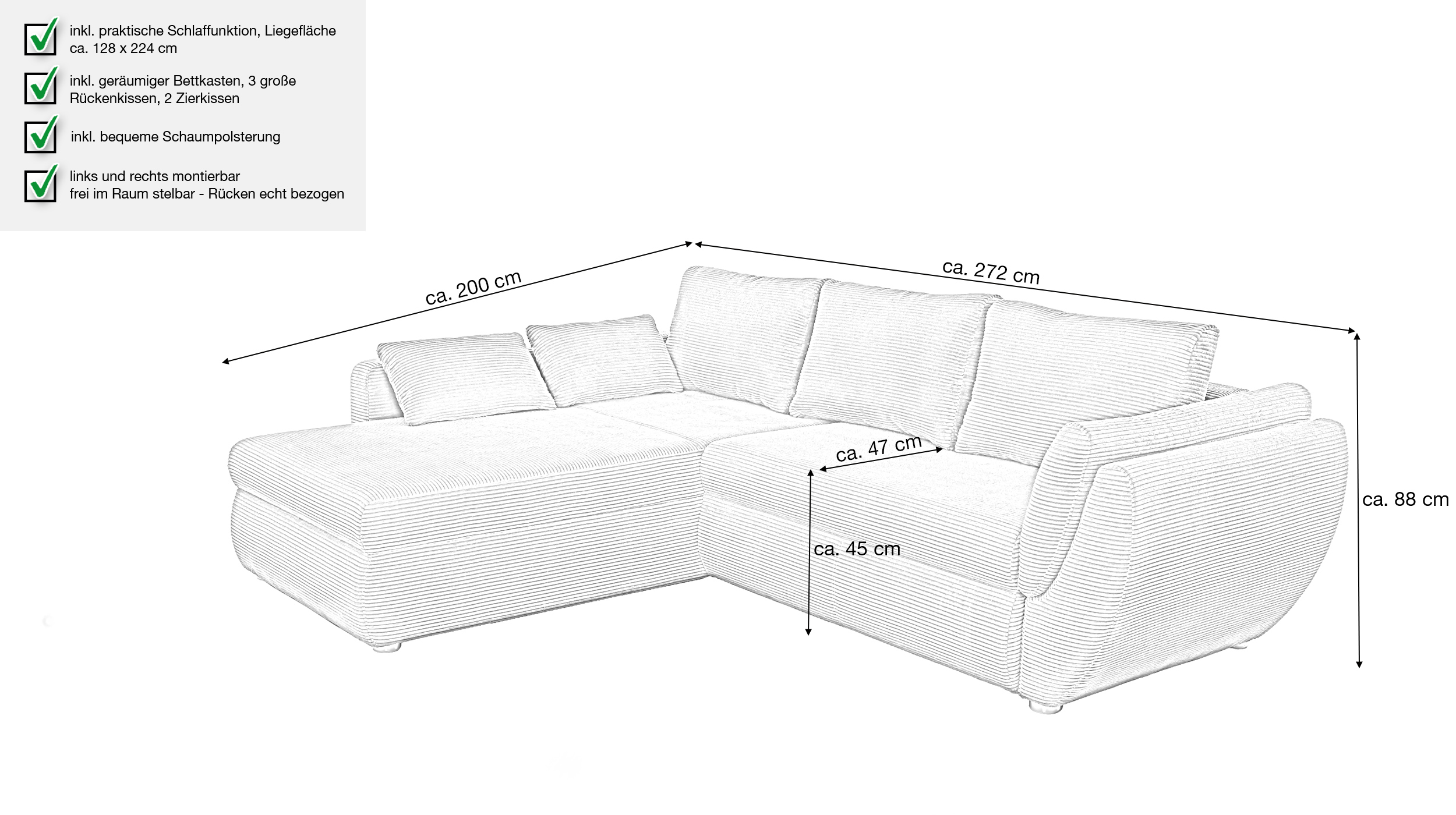 Ecksofa Cord taupe - Schlaffunktion Bettkasten 272 cm - TAIFUN