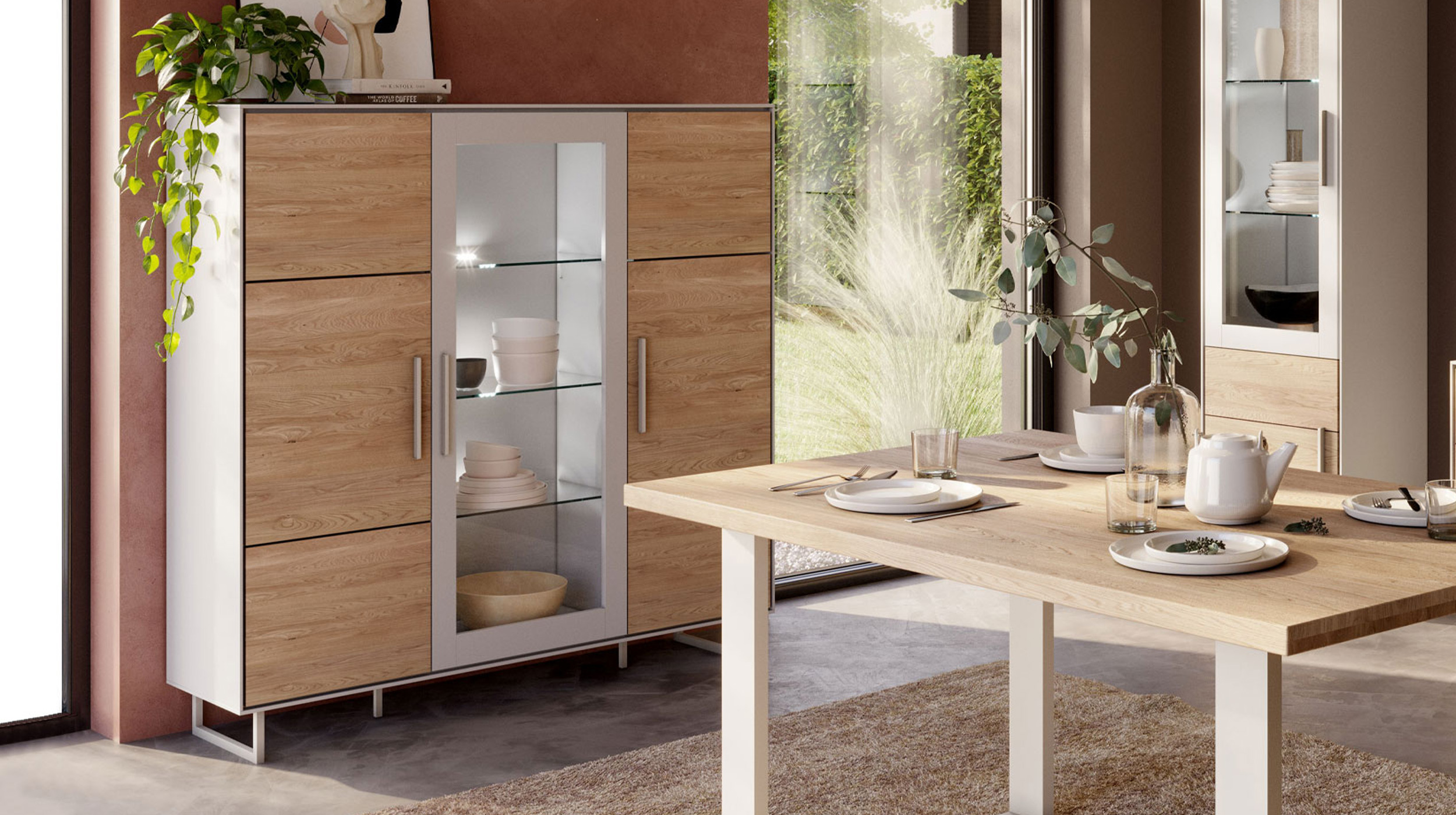 Highboard mit Glastür Eiche teilmassiv geölt 146 cm - KAI 