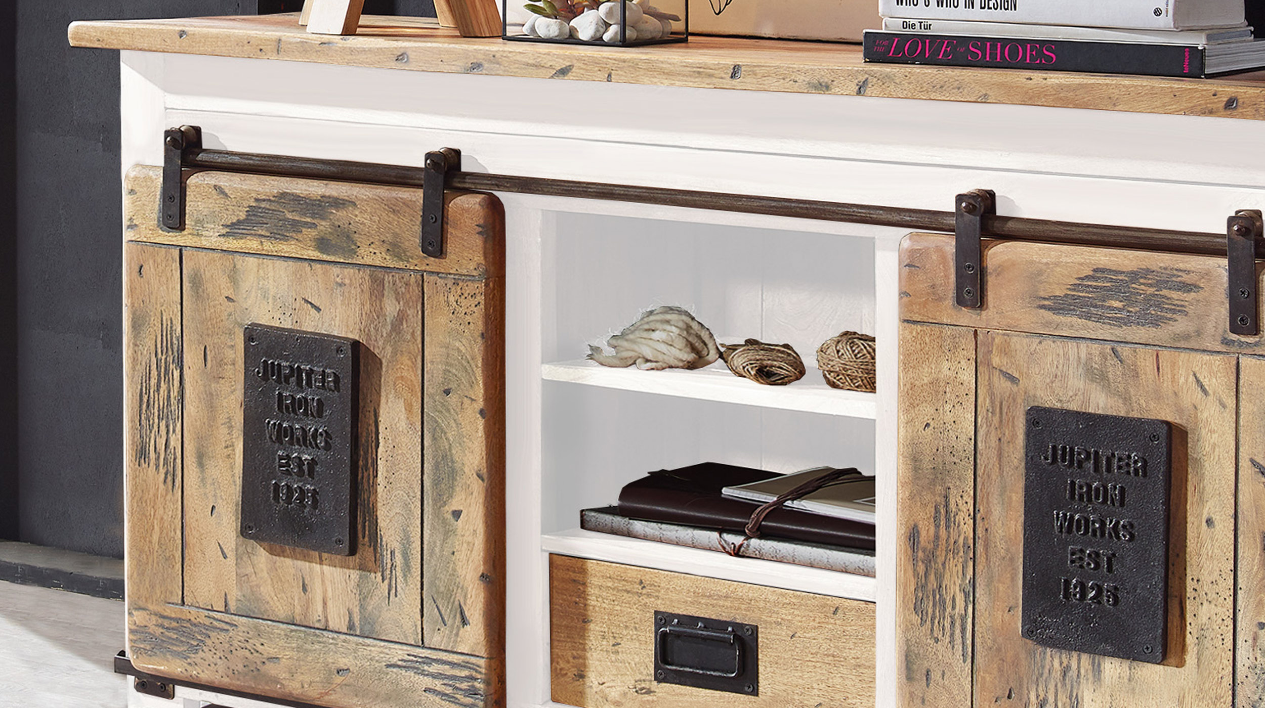 Sideboard 2 Rolltüren Massivholz Mango weiß 128 cm - EMANUEL