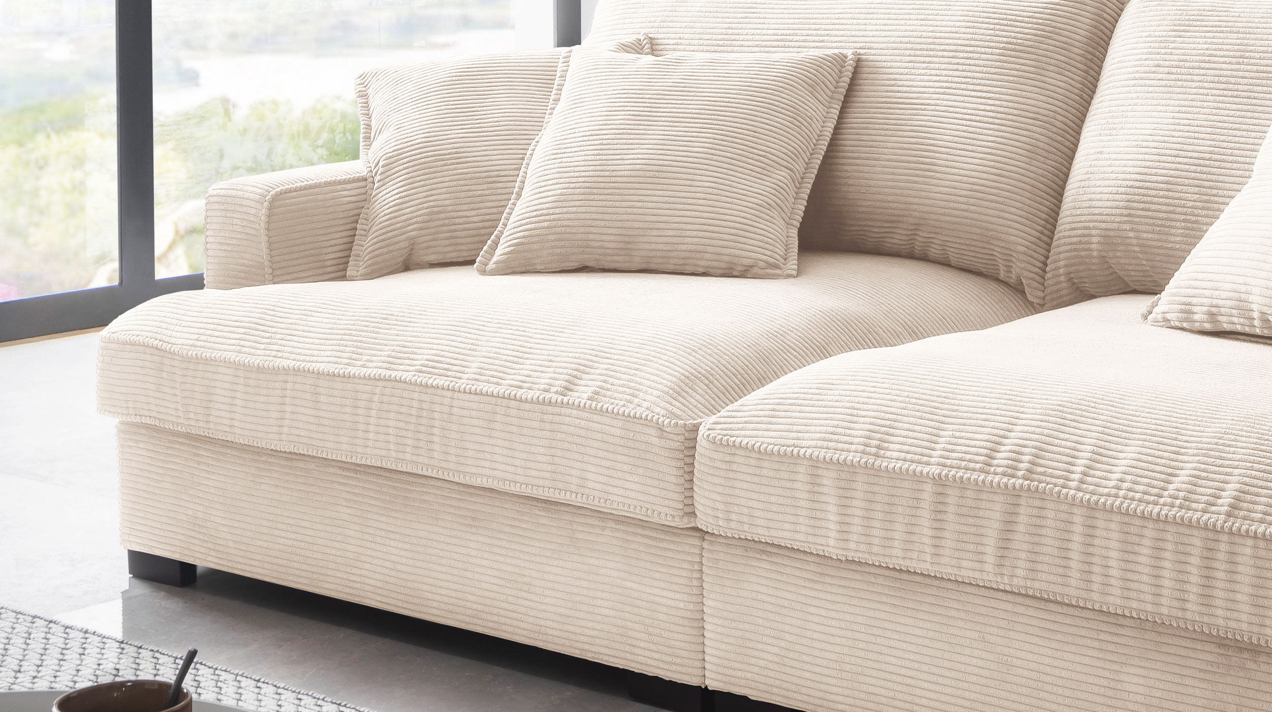 Big Sofa Cord creme - 242 cm - Nosagunterfederung - TRIBECCA 