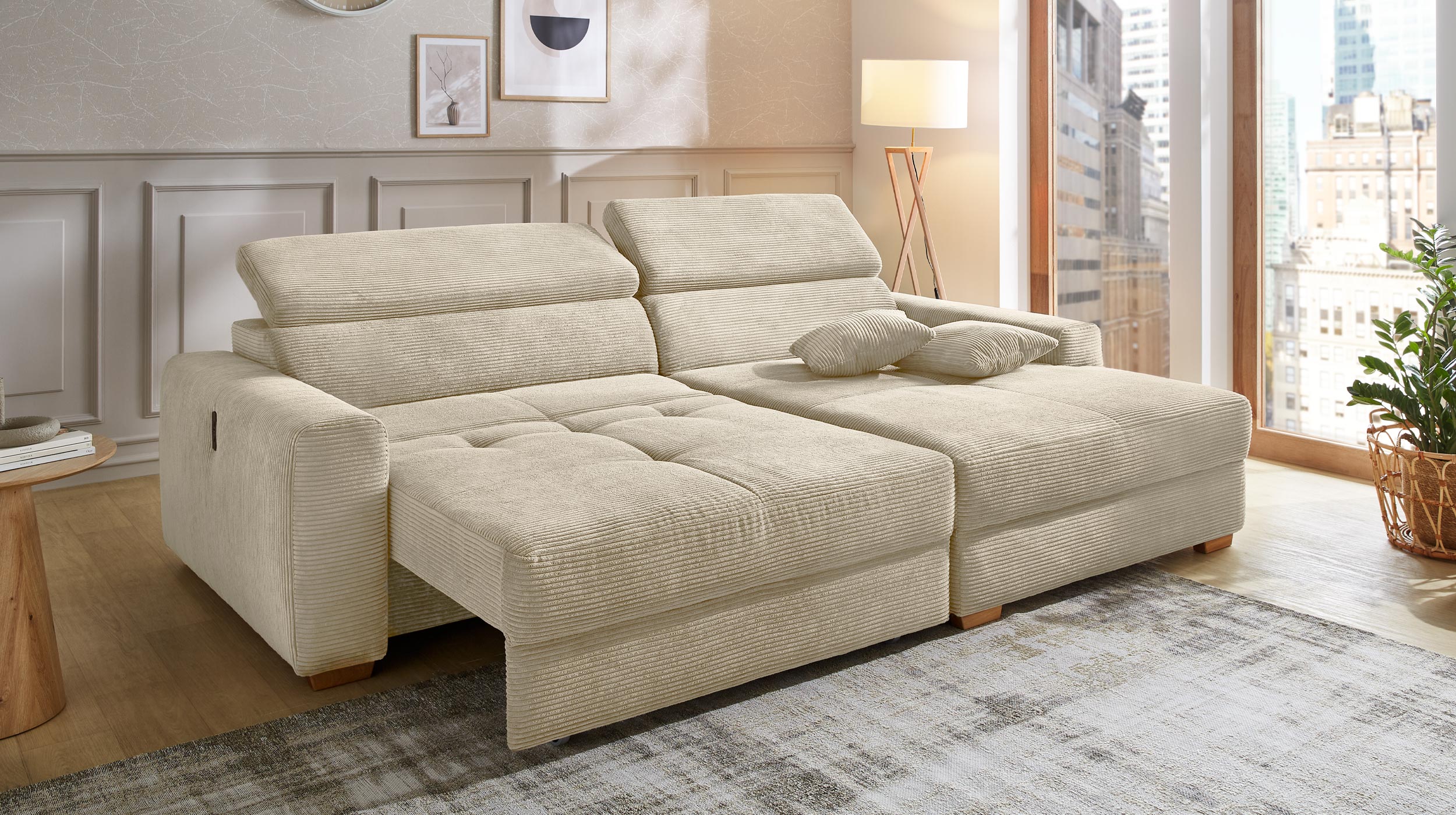Ecksofa Cord grau-beige 277 x 187 cm mit Relaxfunktion - SLIDER