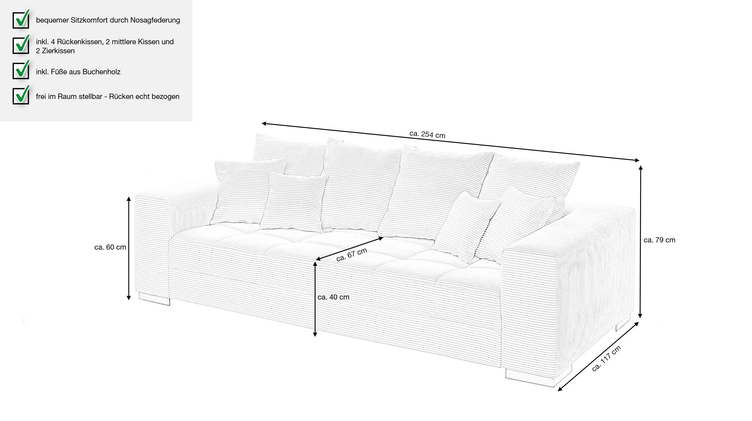 Big Sofa Cord beige - 254 cm - Nosagunterfederung - BORNEO Big Sofa Cord beige - 254 cm - Nosagunterfederung - BORNEO