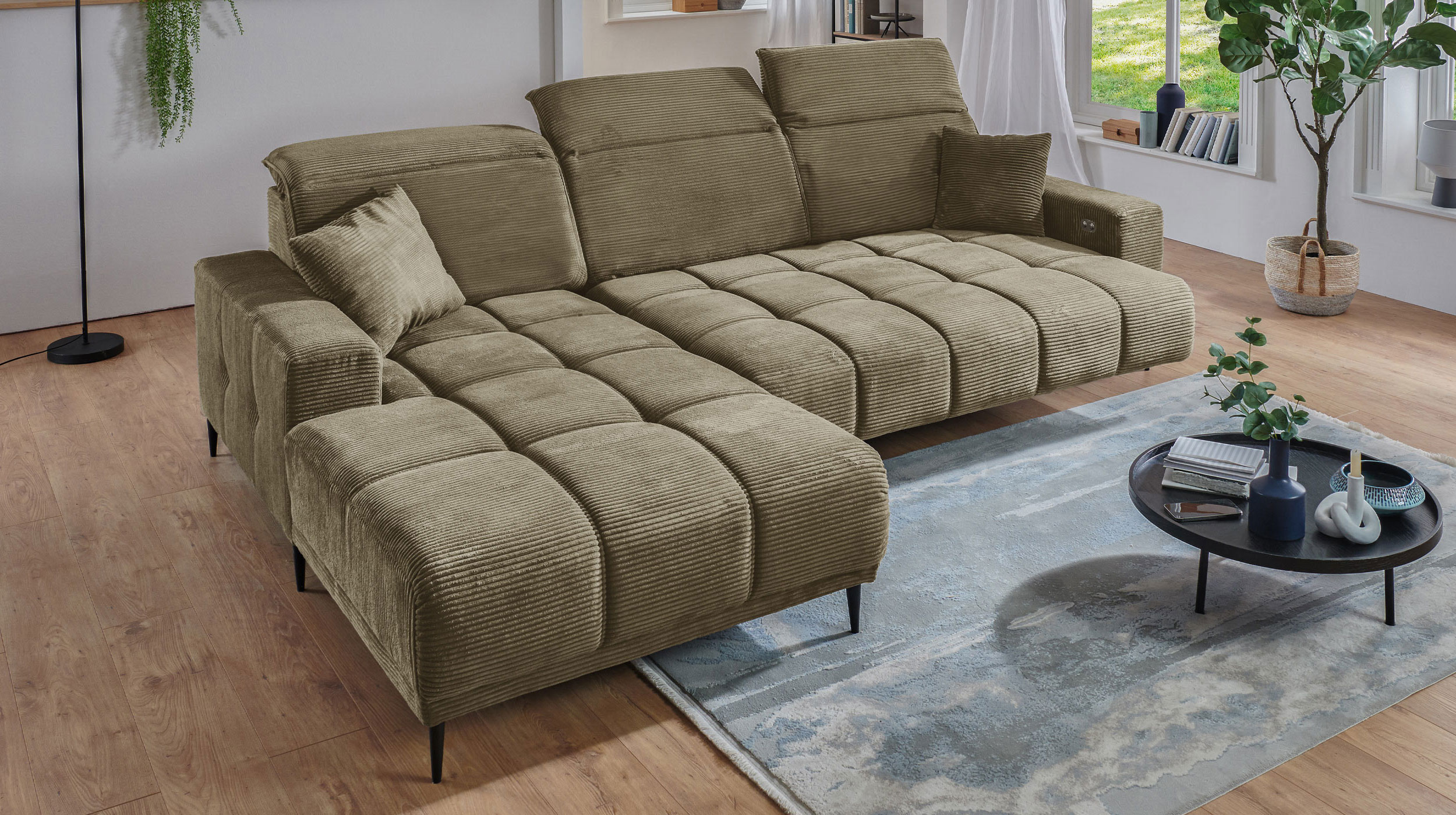 Ecksofa Cord grün ausziehbar - Sitztiefenverstellung 286 cm - OT links - MARISOL