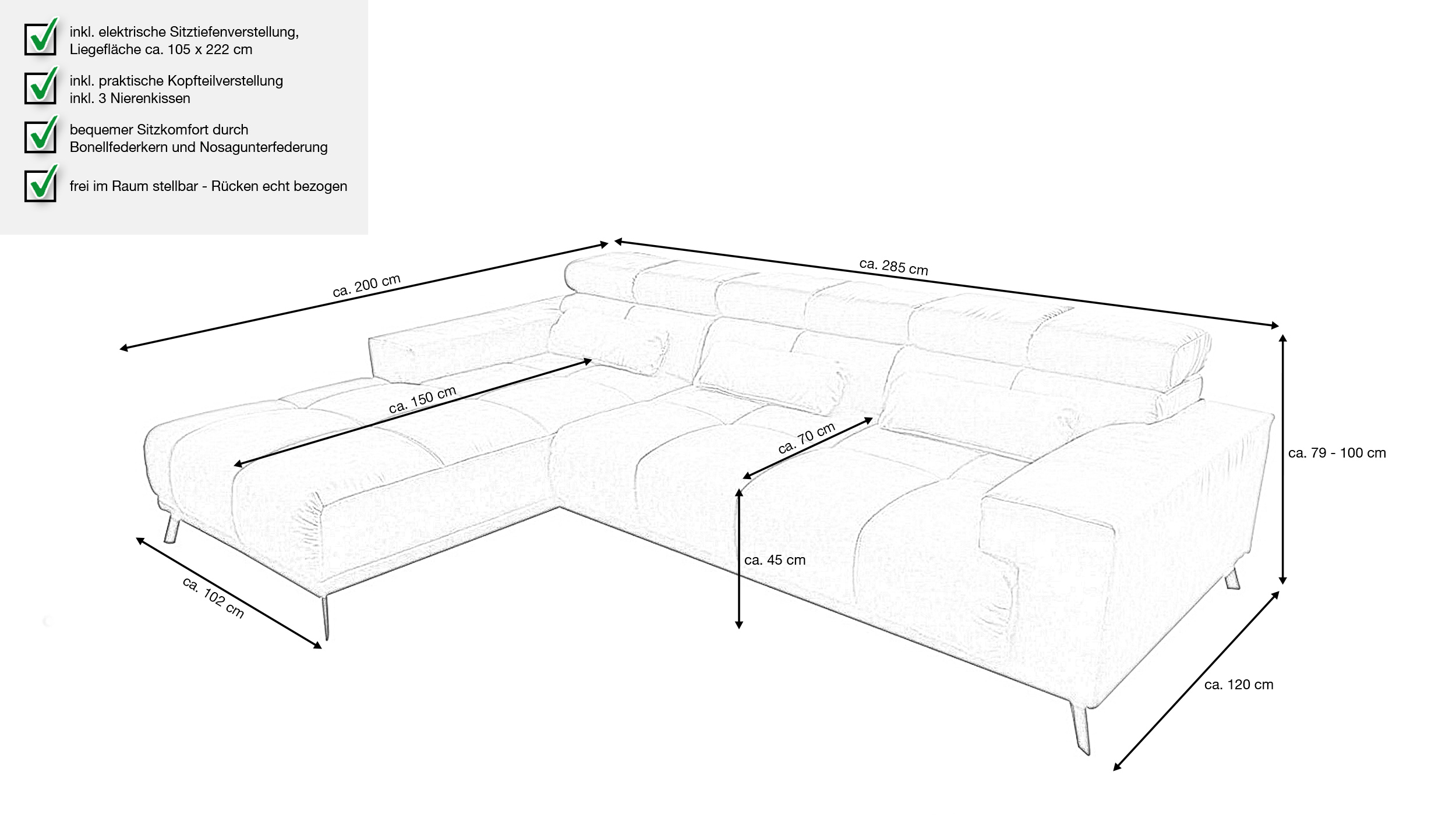 Ecksofa grau-braun ausziehbar - Sitztiefenverstellung 285 cm - SPEED