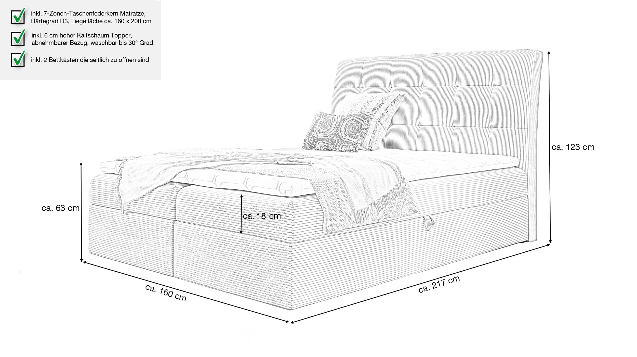 Boxbett Cord creme 160 x 200 cm mit Bettkasten - DIEGO