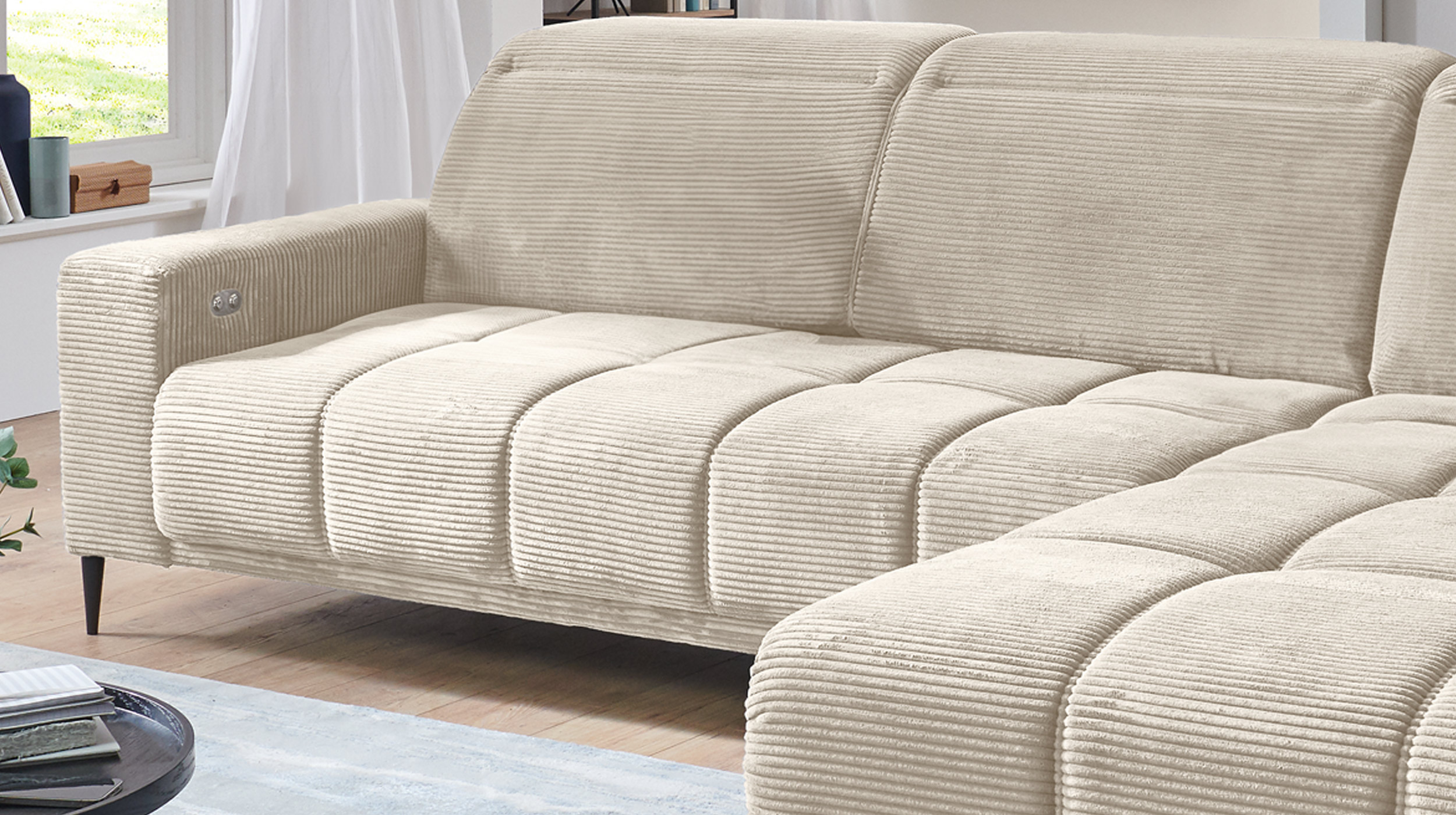 Ecksofa Cord beige ausziehbar - Sitztiefenverstellung 286 cm - OT rechts - MARISOL