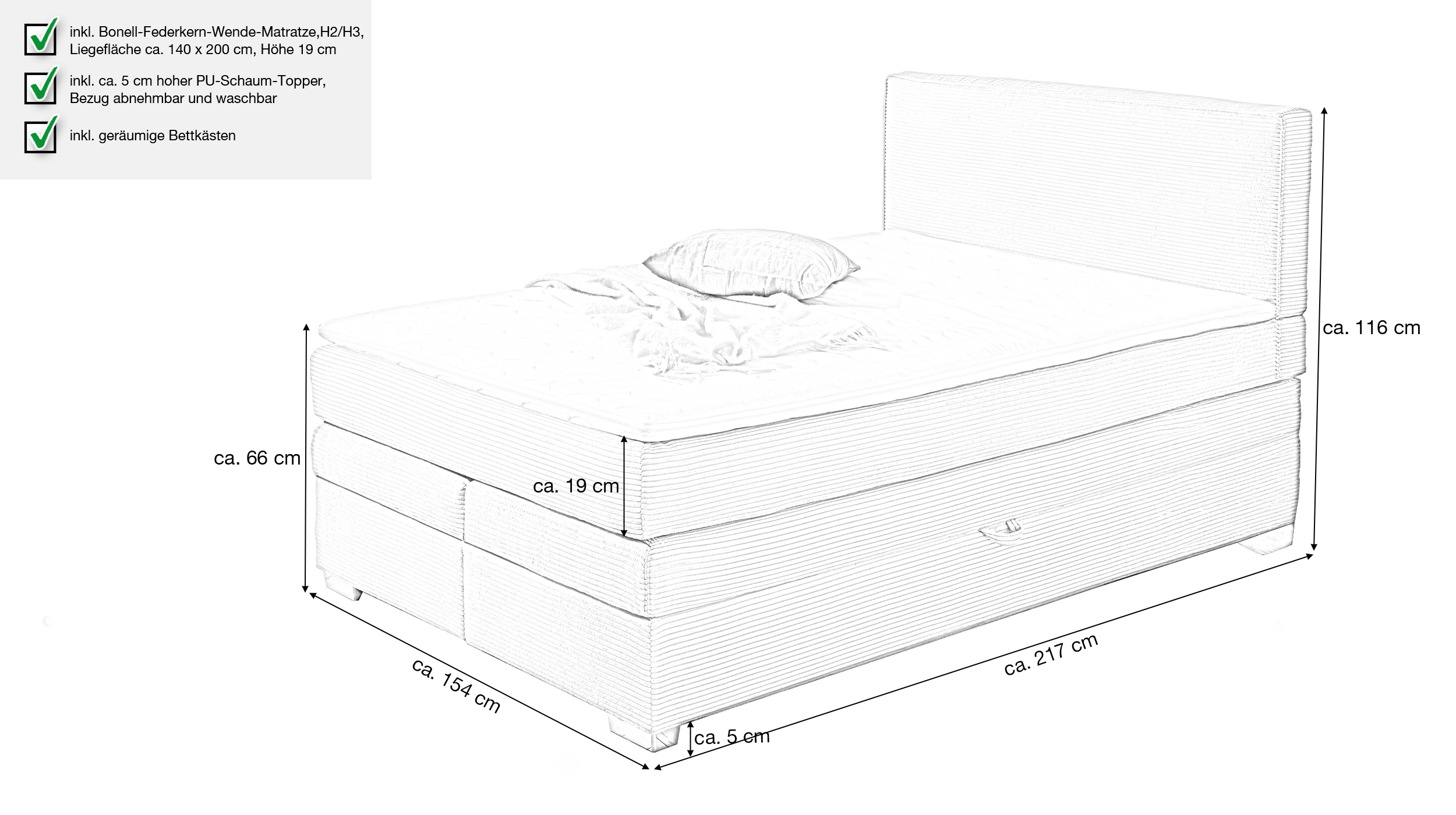 Boxspringbett Cord 140 x 200 cm grau-beige H2/H3 - ARABELLA 