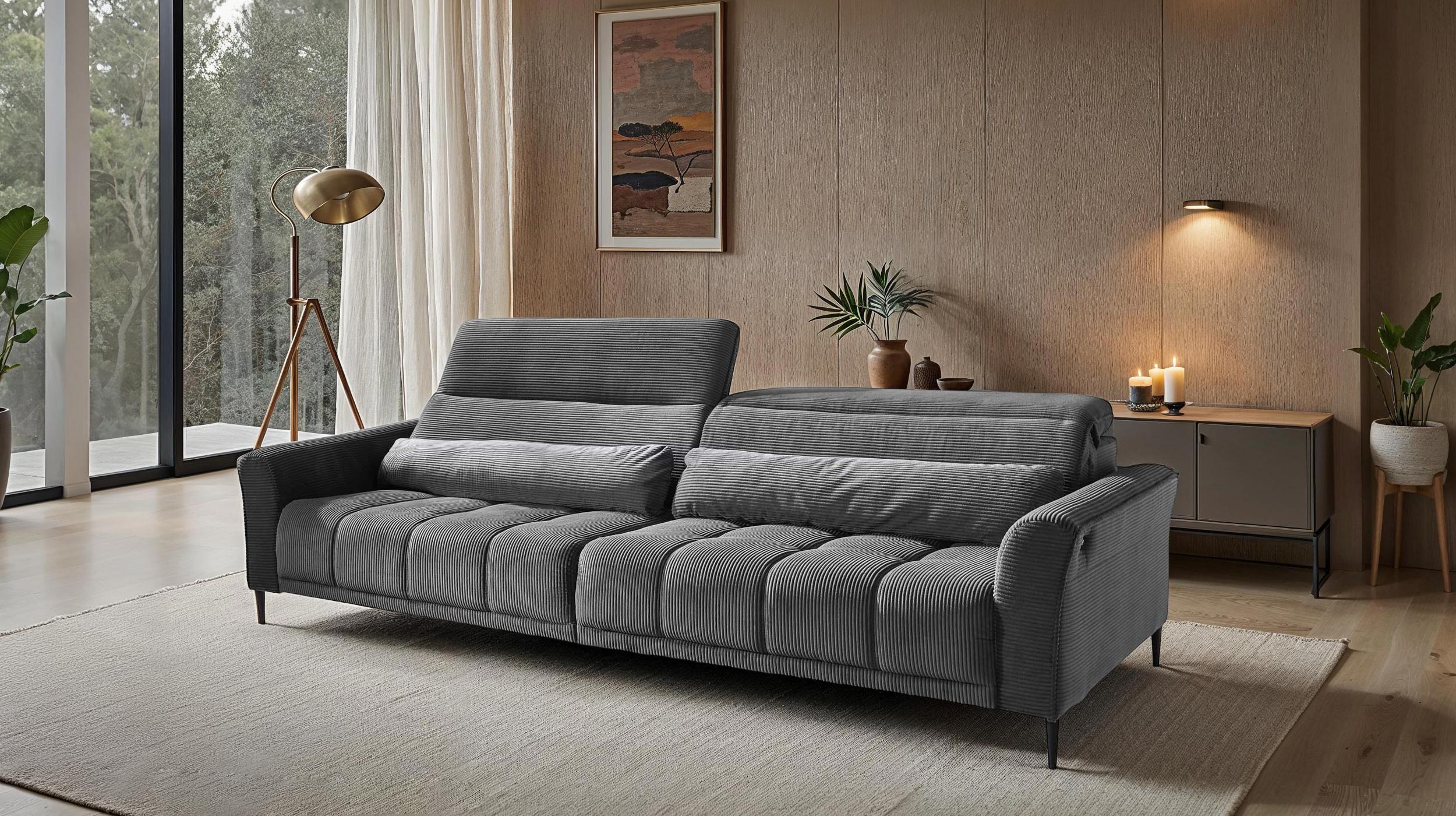 Big Sofa Cord grau ausziehbar - Sitztiefenverstellung - 280 cm - LOGAN 