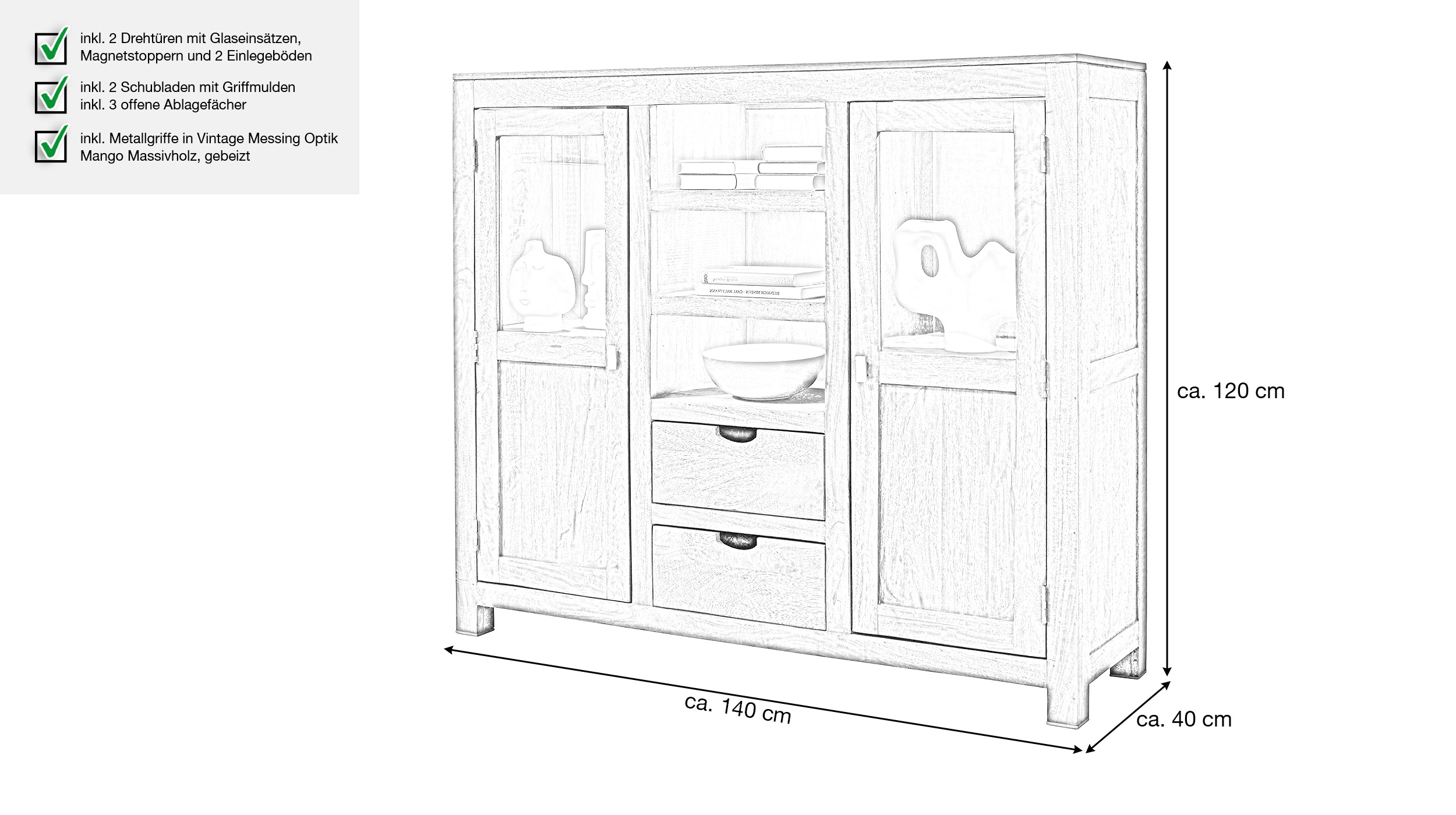 Highboard Mango massiv gebeizt montiert - Glastüren - MANGALA