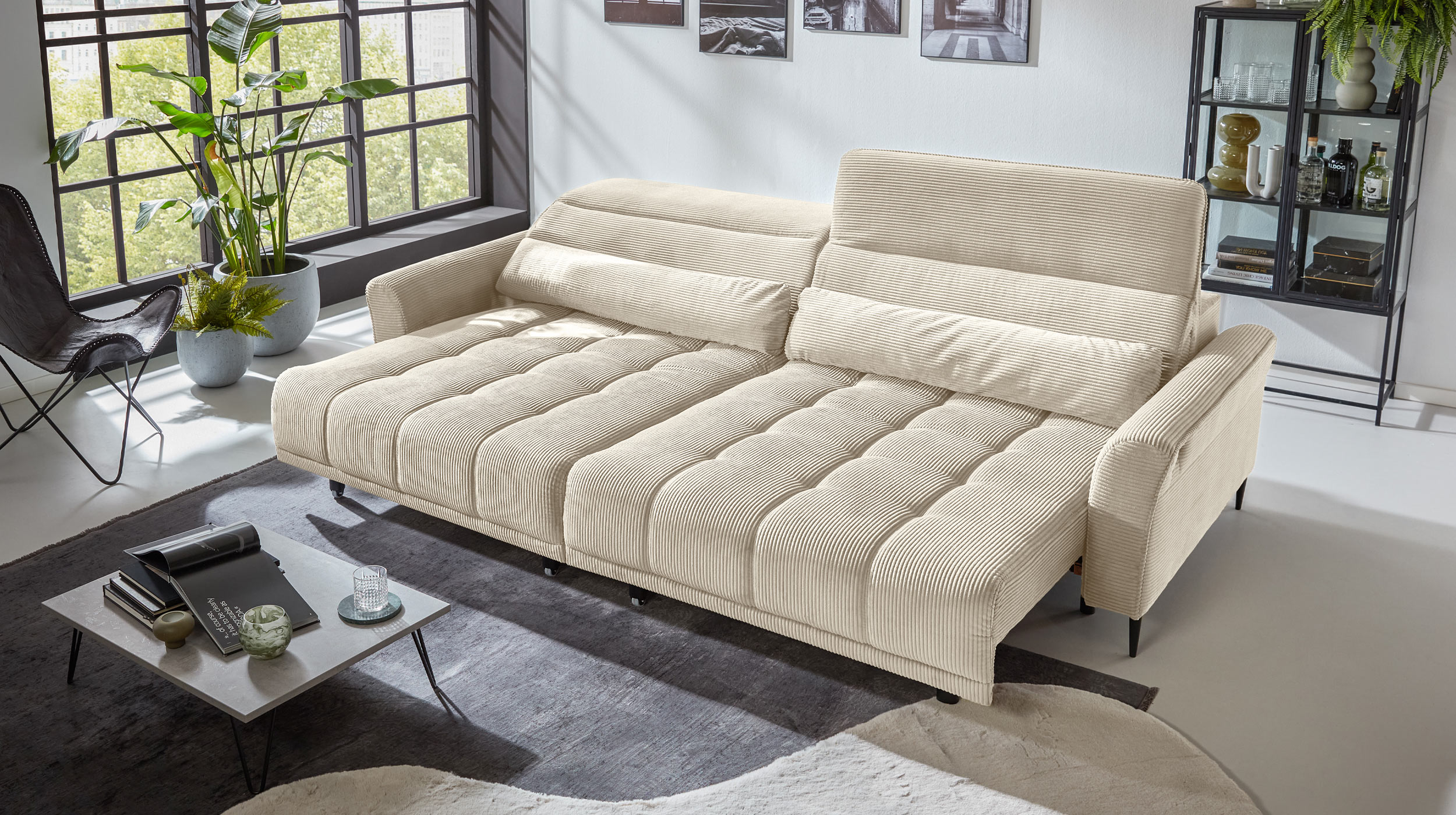 Big Sofa Cord beige - 280 cm - Nosagunterfederung - LOGAN 