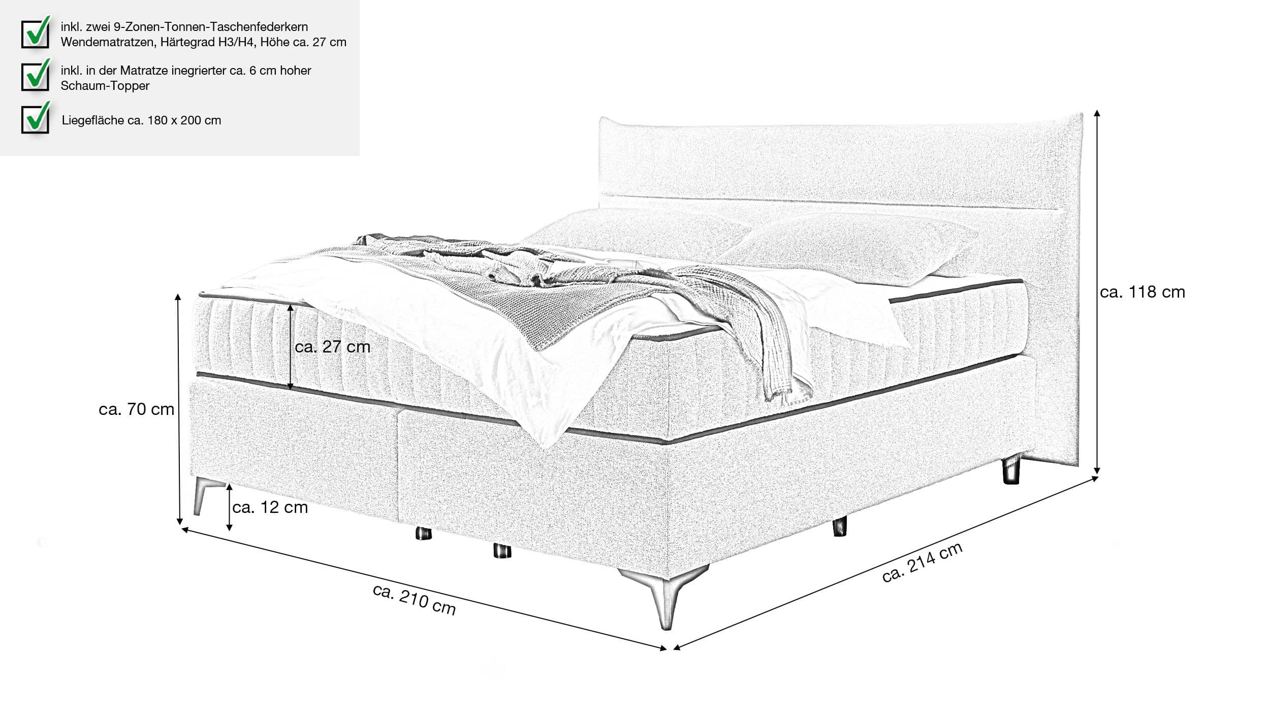 Boxspringbett 180 x 200 cm grau Webstoff - VLIELAND