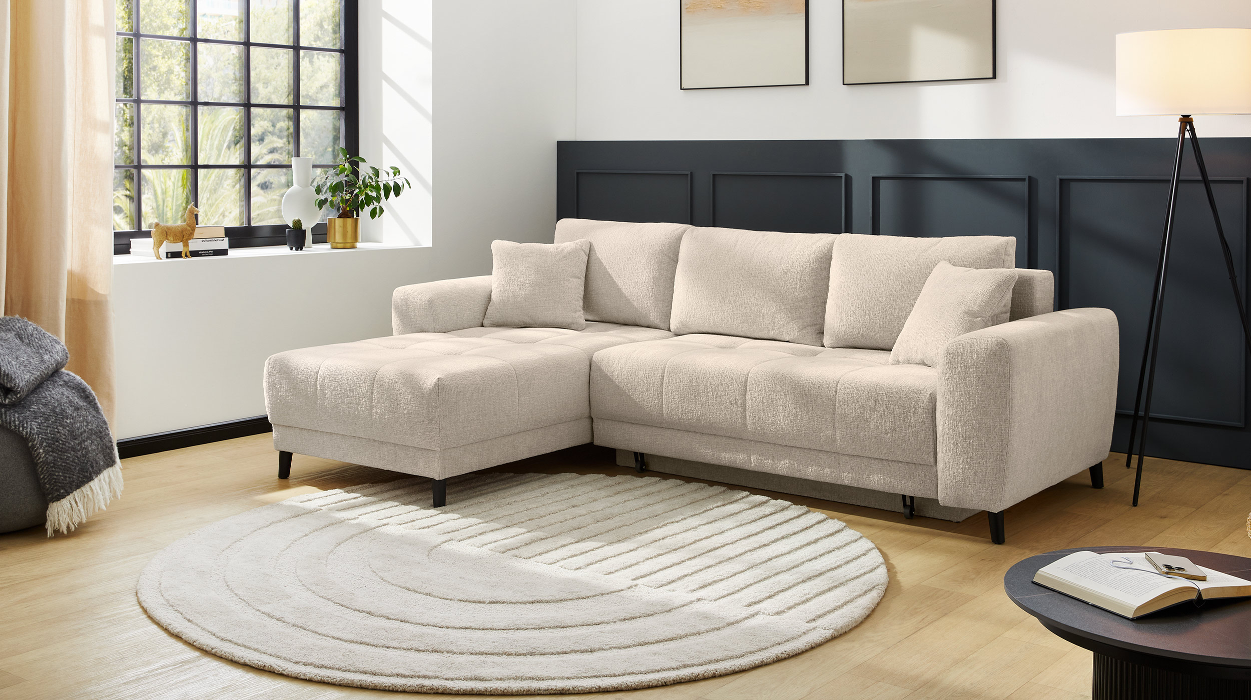 Ecksofa mit Schlaffunktion beige 251 x 172 cm - Bettkasten - BEVERLY  Ecksofa mit Schlaffunktion beige 251 x 172 cm - Bettkasten - BEVERLY