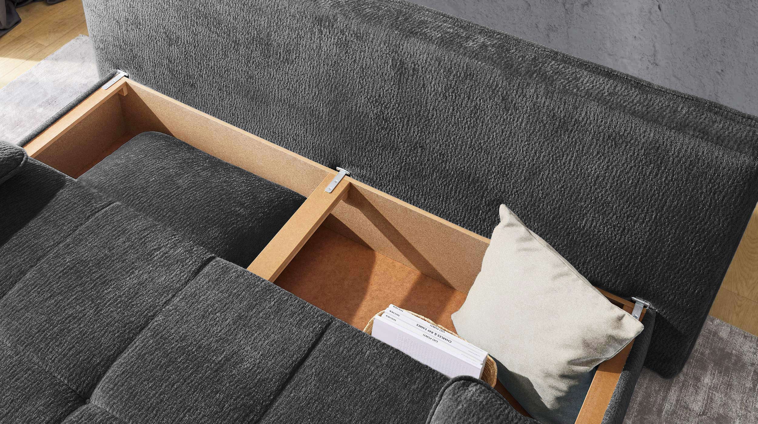 Schlafsofa grau mit Bettkasten 204 cm - Dauerschläfer - LIVENTO 