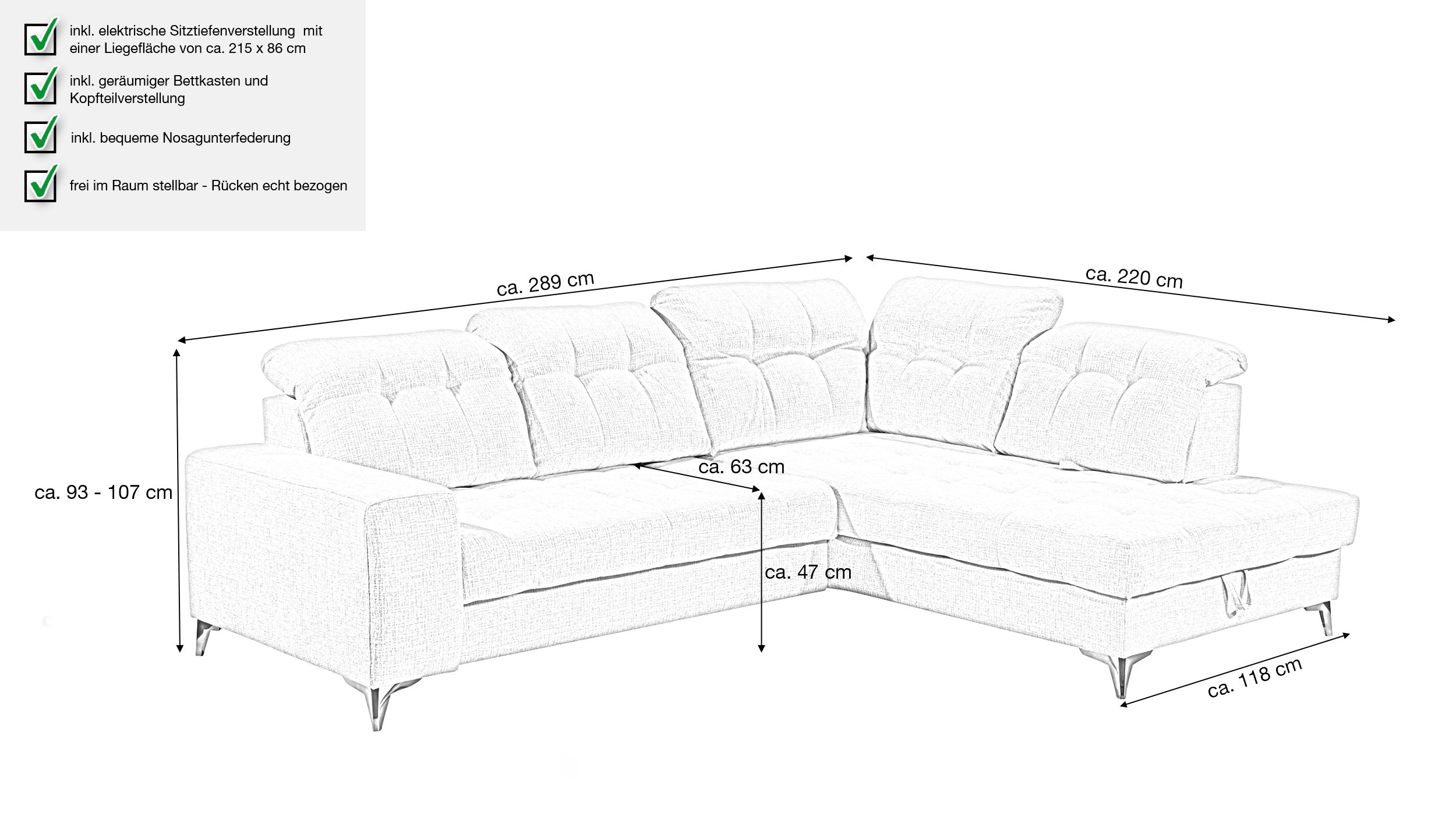 Ecksofa mit Bettkasten - grau - 289 cm - VARADERO