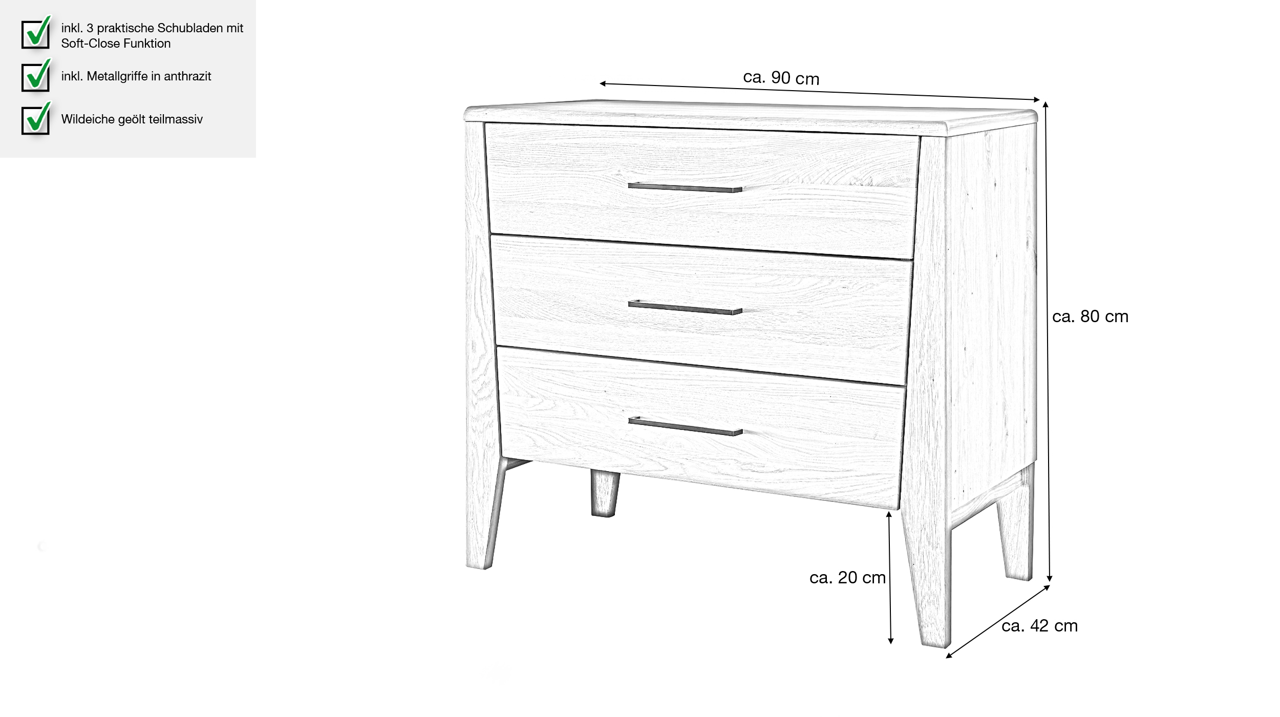 Kommode mit 3 Schubladen Wildeiche teilmassiv geölt 90 cm - VEGARD