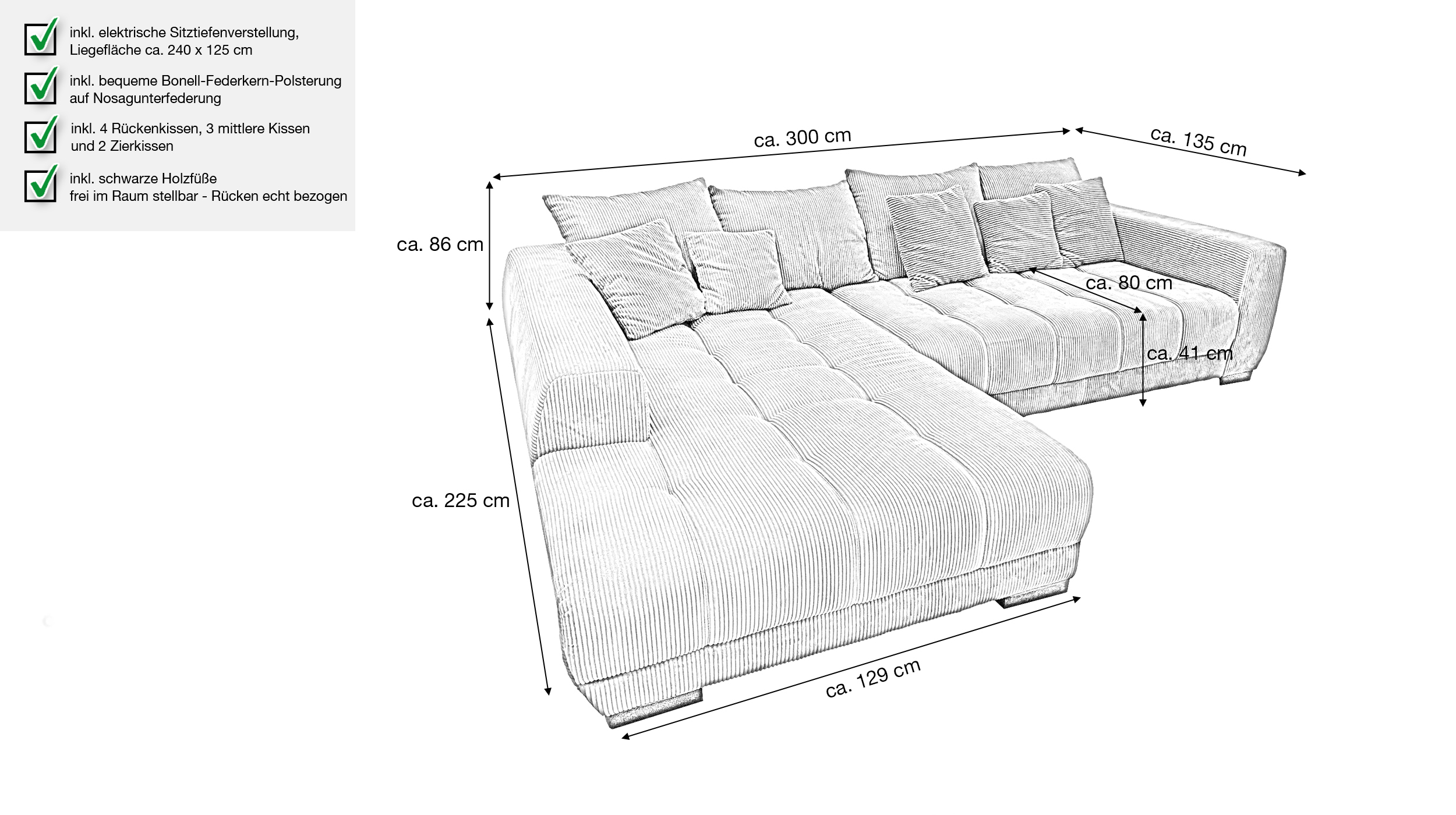 Ecksofa Cord beige elektrisch ausfahrbar 300 cm - OT links - ARTEMIS