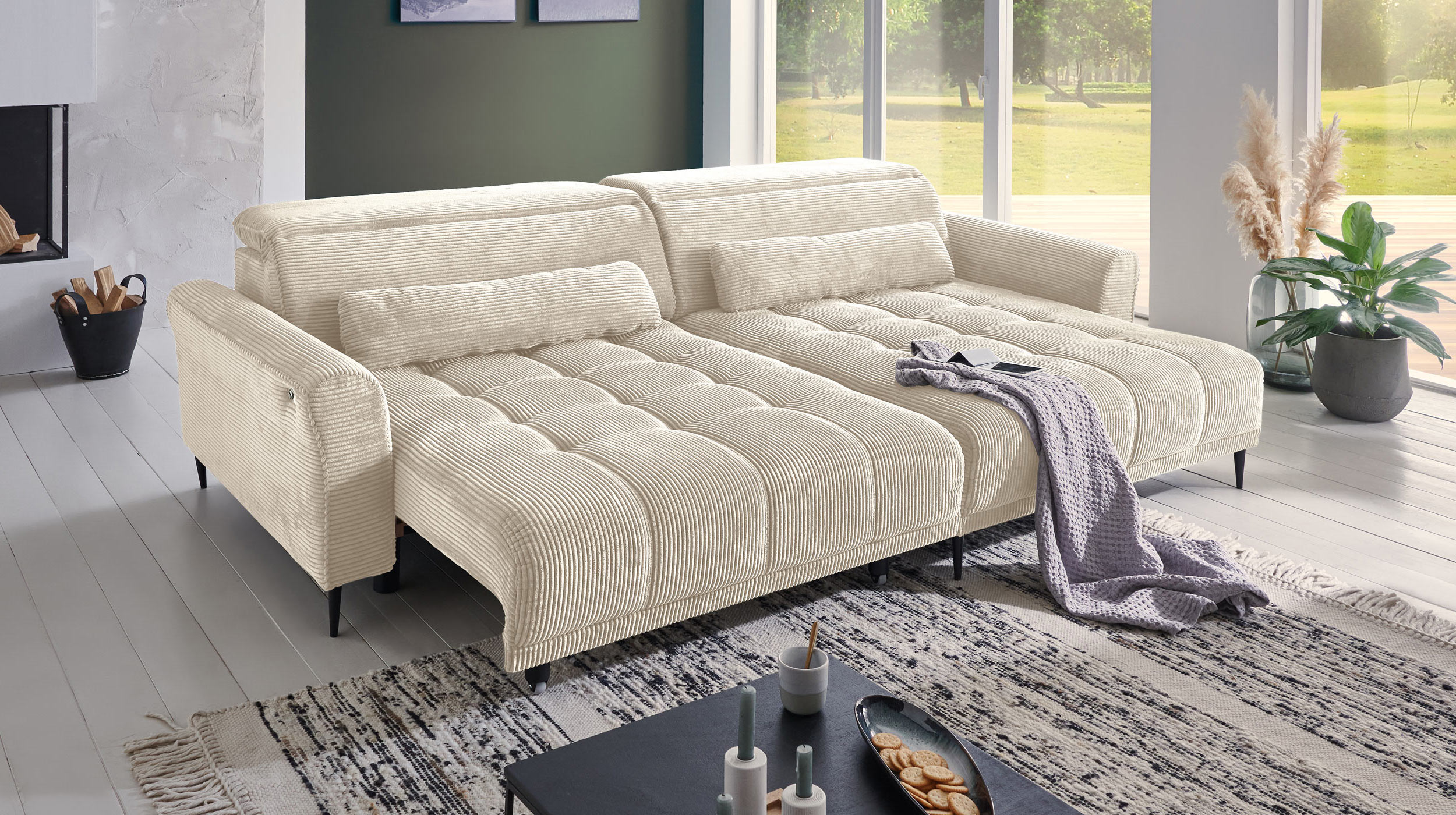 Ecksofa Cord beige ausziehbar - Sitztiefenverstellung - 277 cm - OT rechts - LOGAN