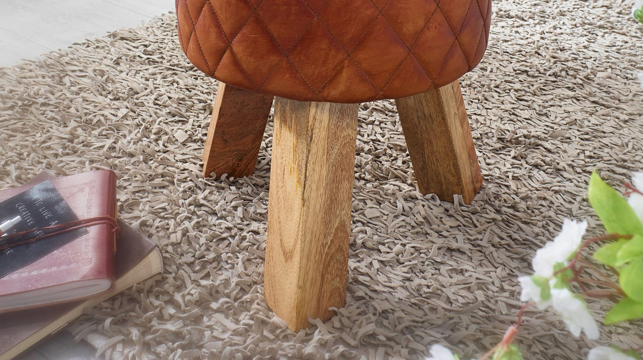 Sitz- & Fußhocker rund Echtleder braun - Mango massiv - RIST