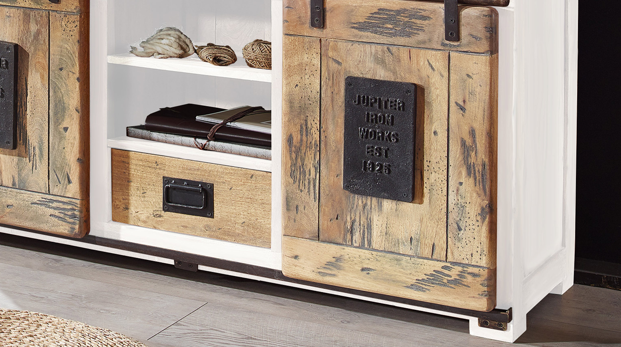 Sideboard 2 Rolltüren Massivholz Mango weiß 128 cm - EMANUEL