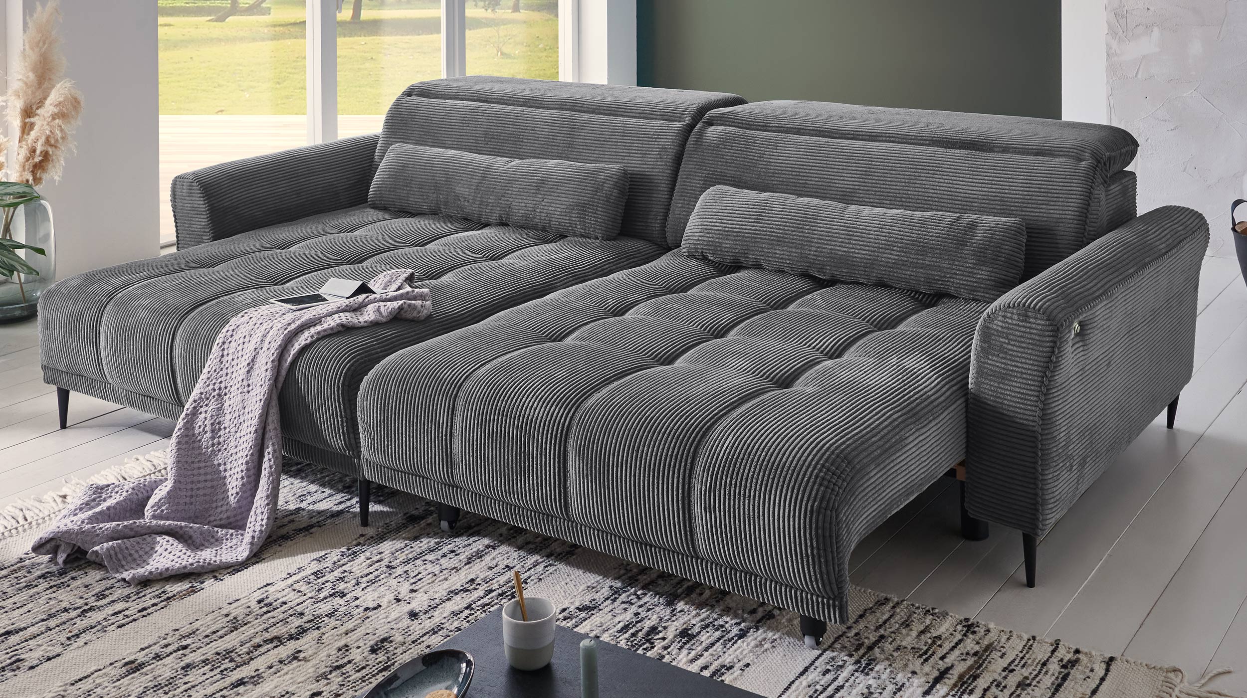 Ecksofa Cord grau ausziehbar - Sitztiefenverstellung - 277 cm - OT links - LOGAN