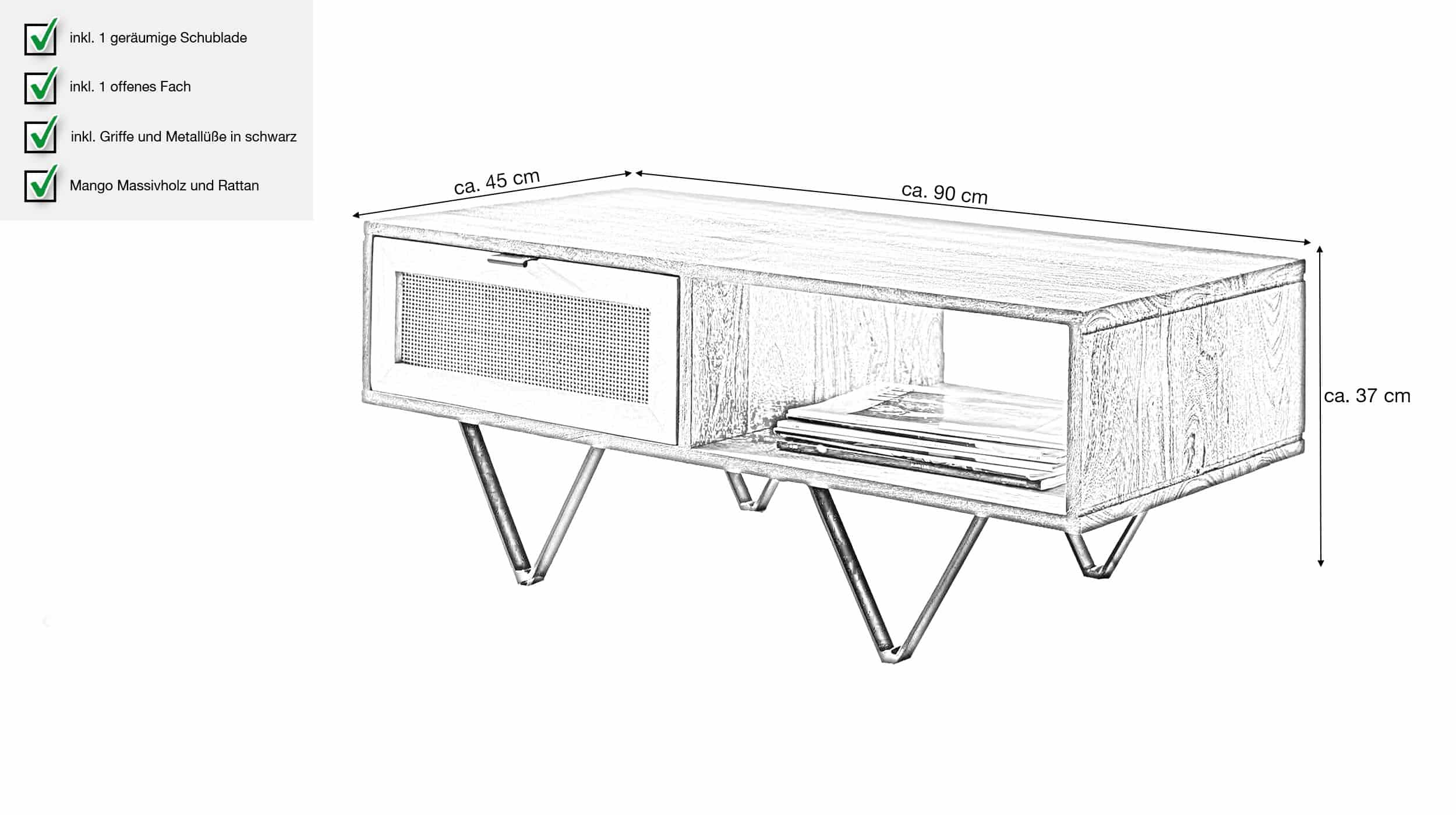 Couchtisch mit Schublade Mango 90 x 45 cm - MAGNOR 
