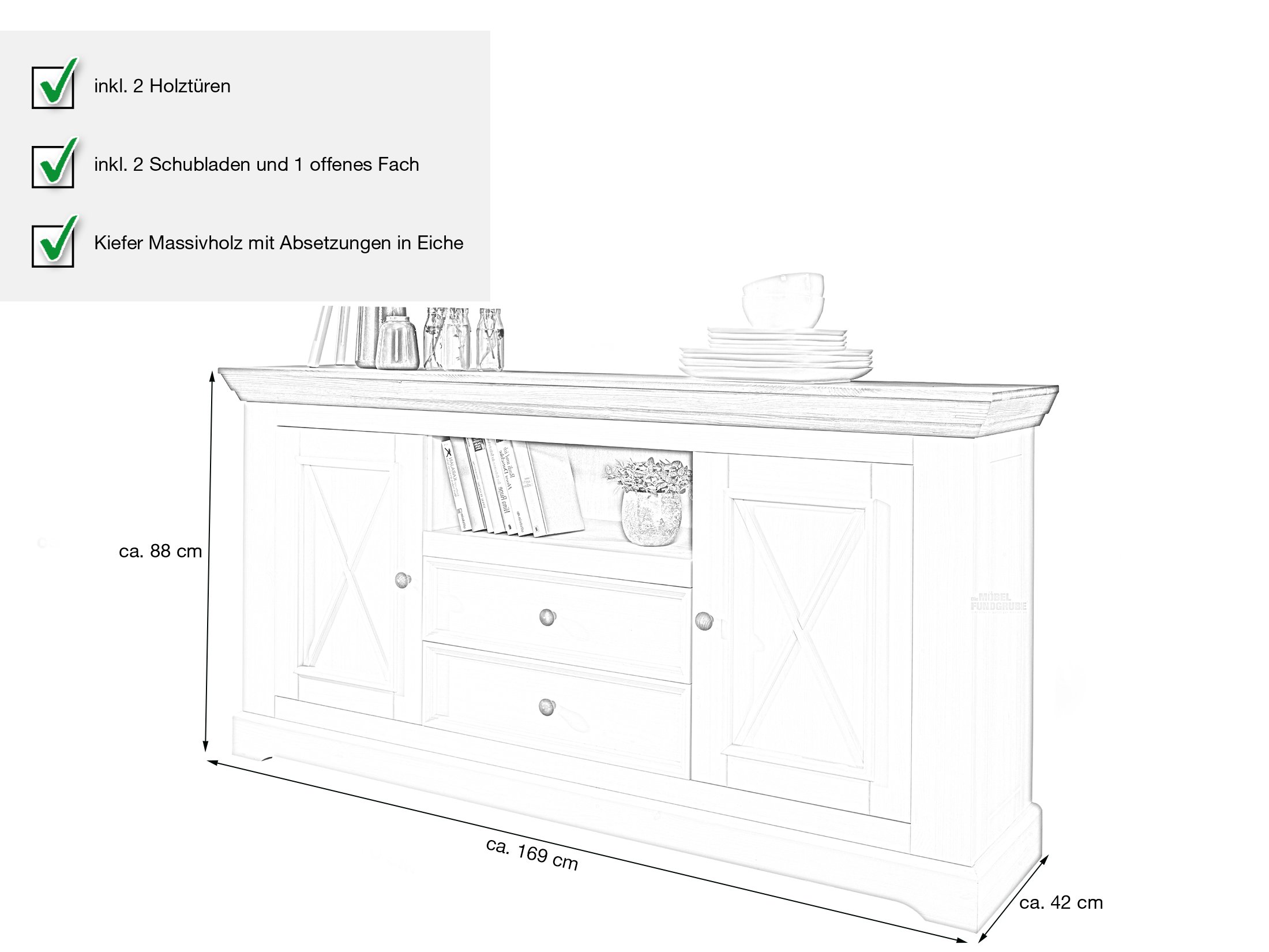 Sideboard Kiefer massiv - Eiche - weiß 169 cm - GIADA