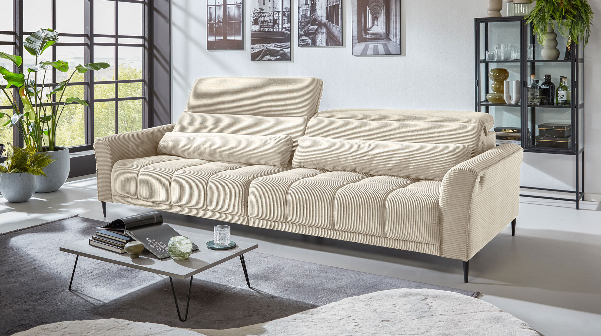 Big Sofa Cord beige - 280 cm - Nosagunterfederung - LOGAN 