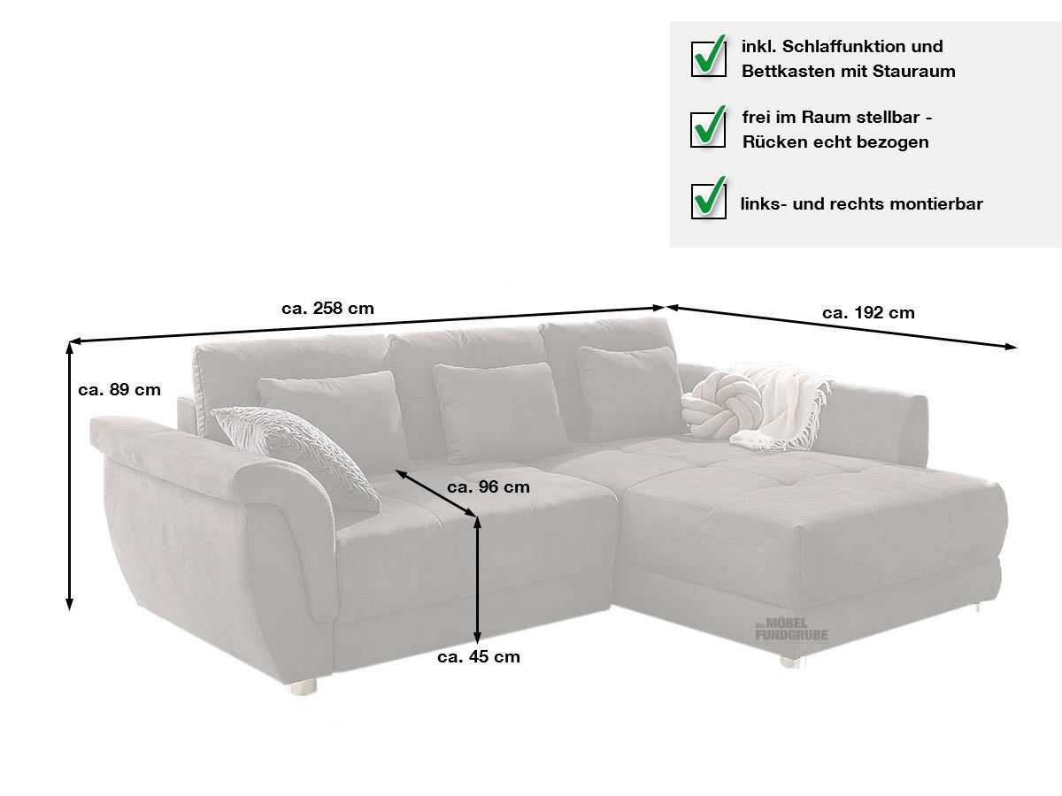 Ecksofa mit Schlaffunktion grau 258 x 192 cm - LA SPEZIA