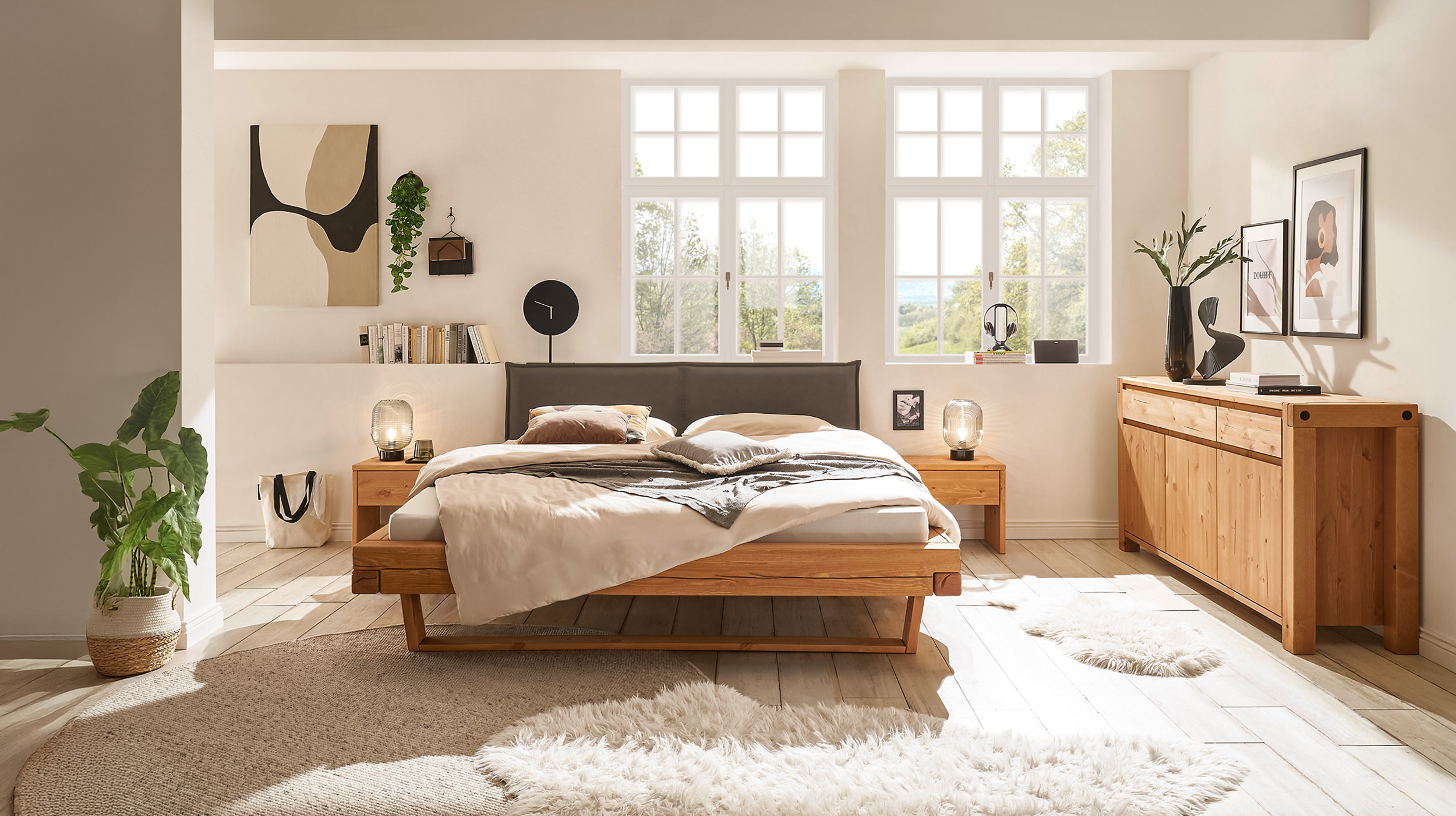 Balkenbett 140 cm Kiefer massiv Polsterkopfteil - U-Gestell - JOREN