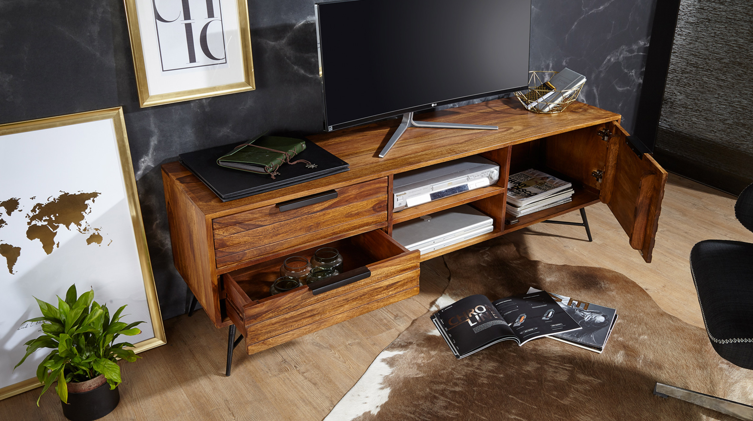 TV-Lowboard Sheeshamholz massiv gebeizt 160 cm - ASKJA 