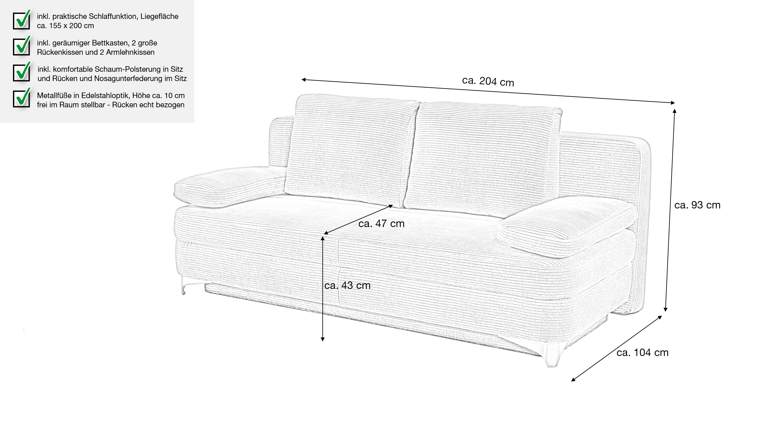 Schlafsofa Cord grau mit Bettkasten 204 cm - NOAH 