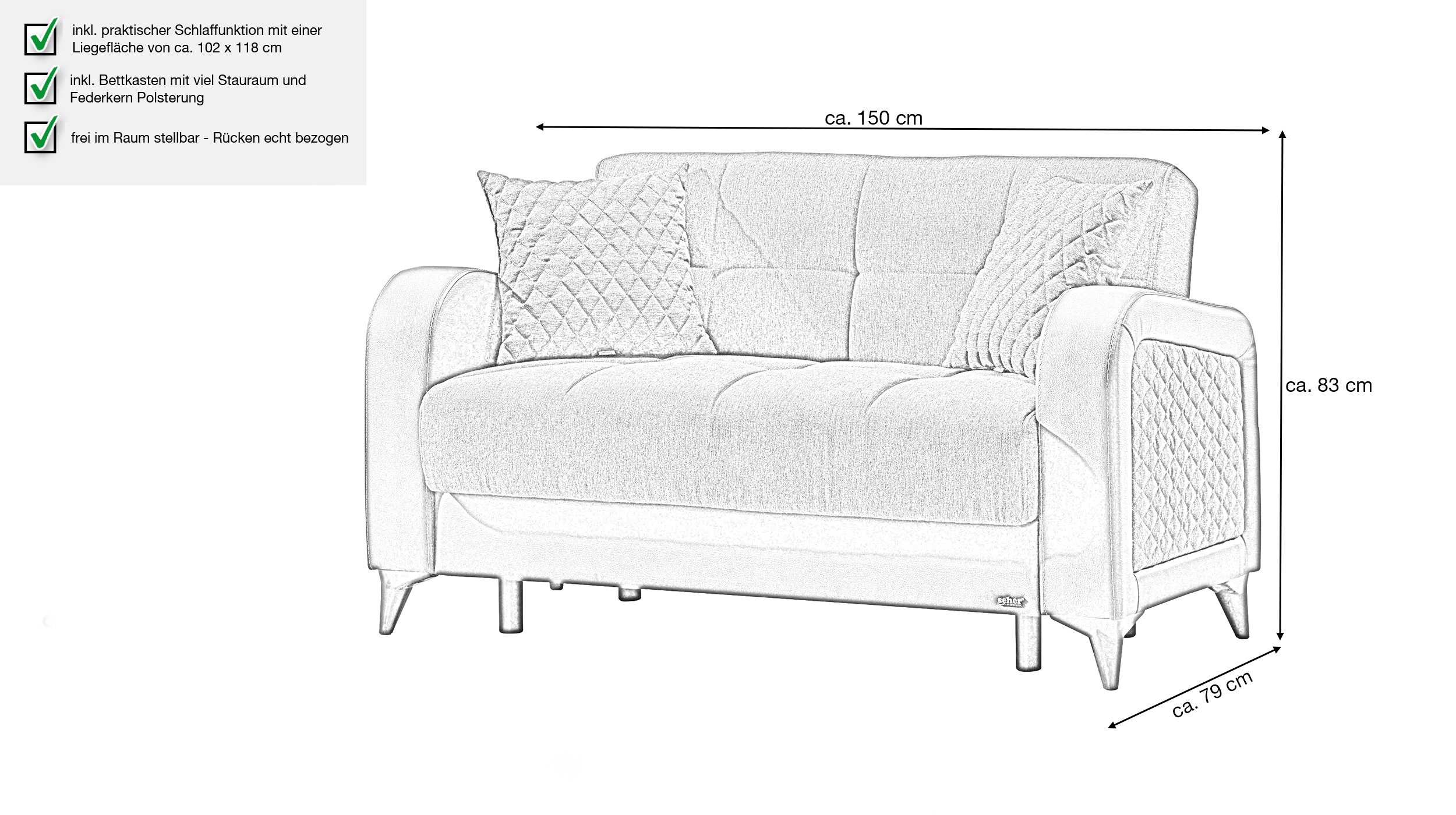 Einzelsofa 2-Sitzer anthrazit Schlaffunktion 150 cm - RIZA