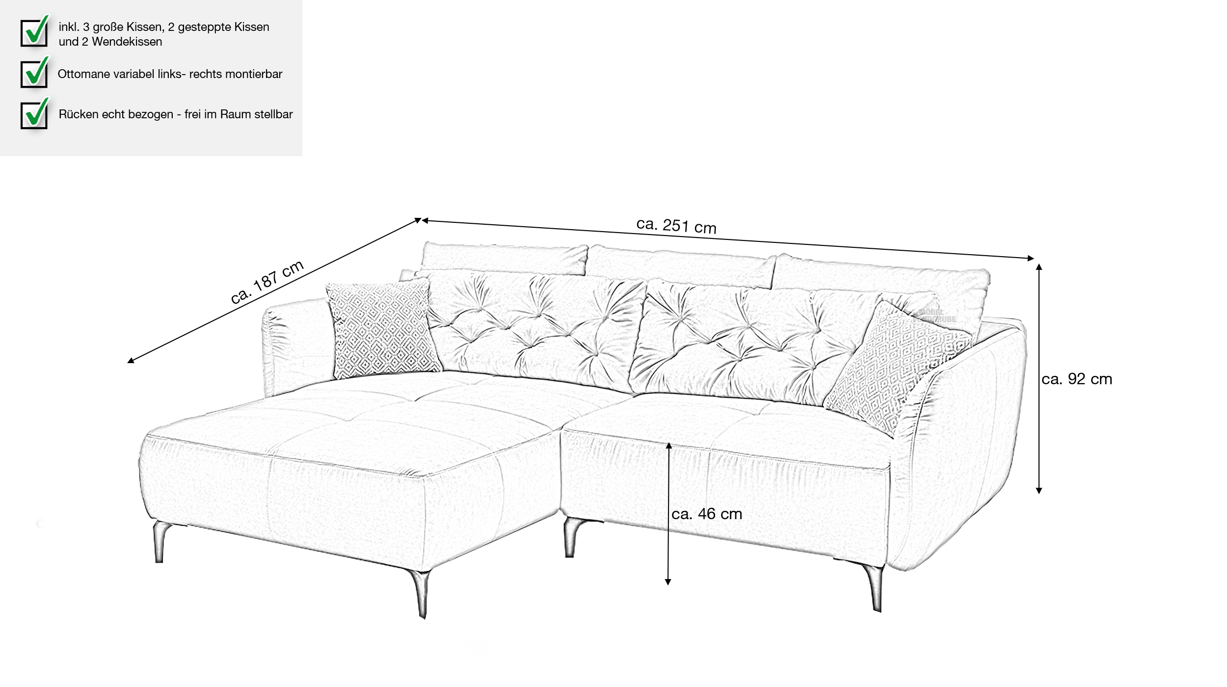 Ecksofa grau Veloursbezug 251 x 186 cm - SALO