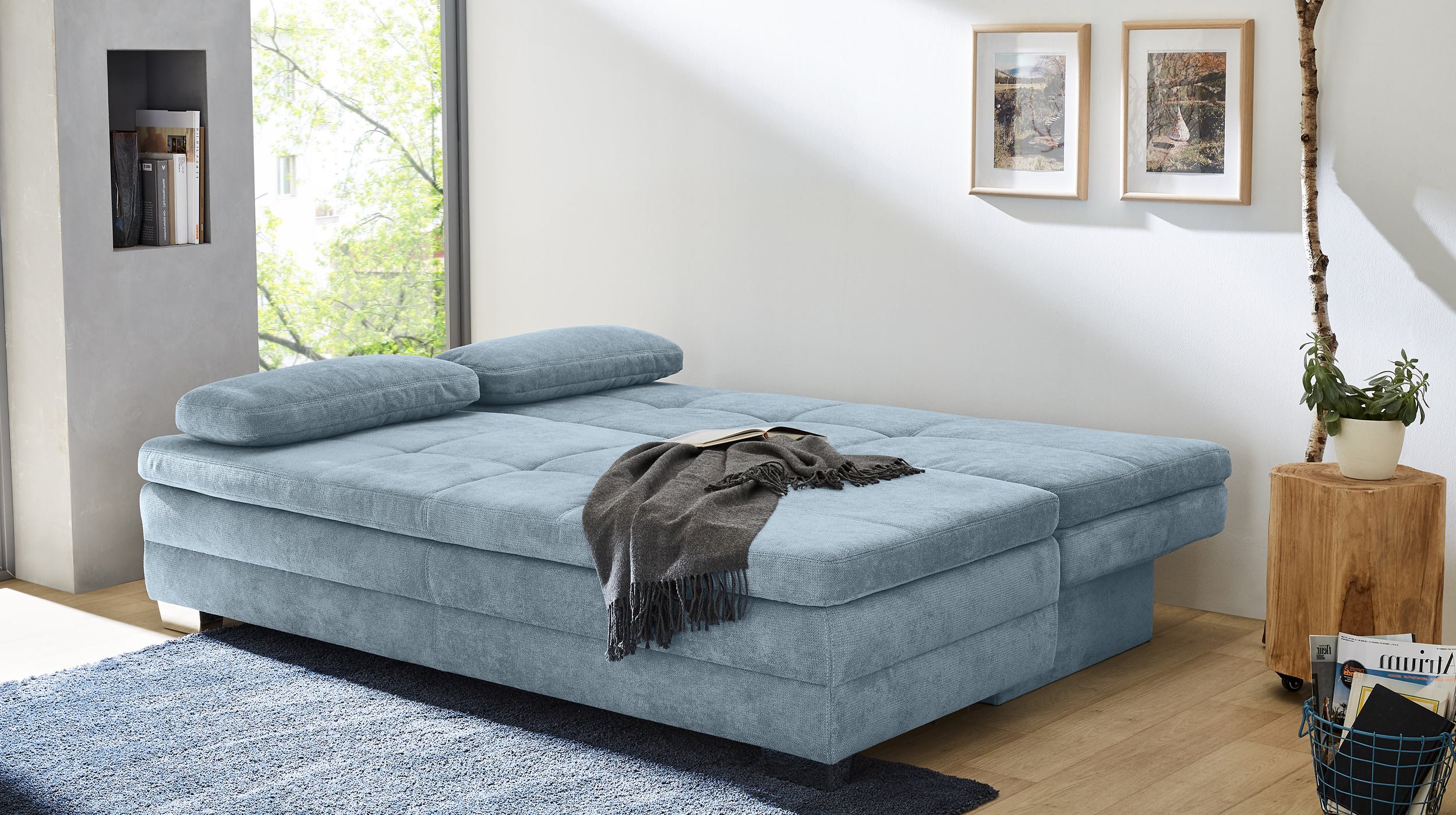 Schlafsofa hellblau inkl. Topper - Bettkasten 203 cm - LINDAU