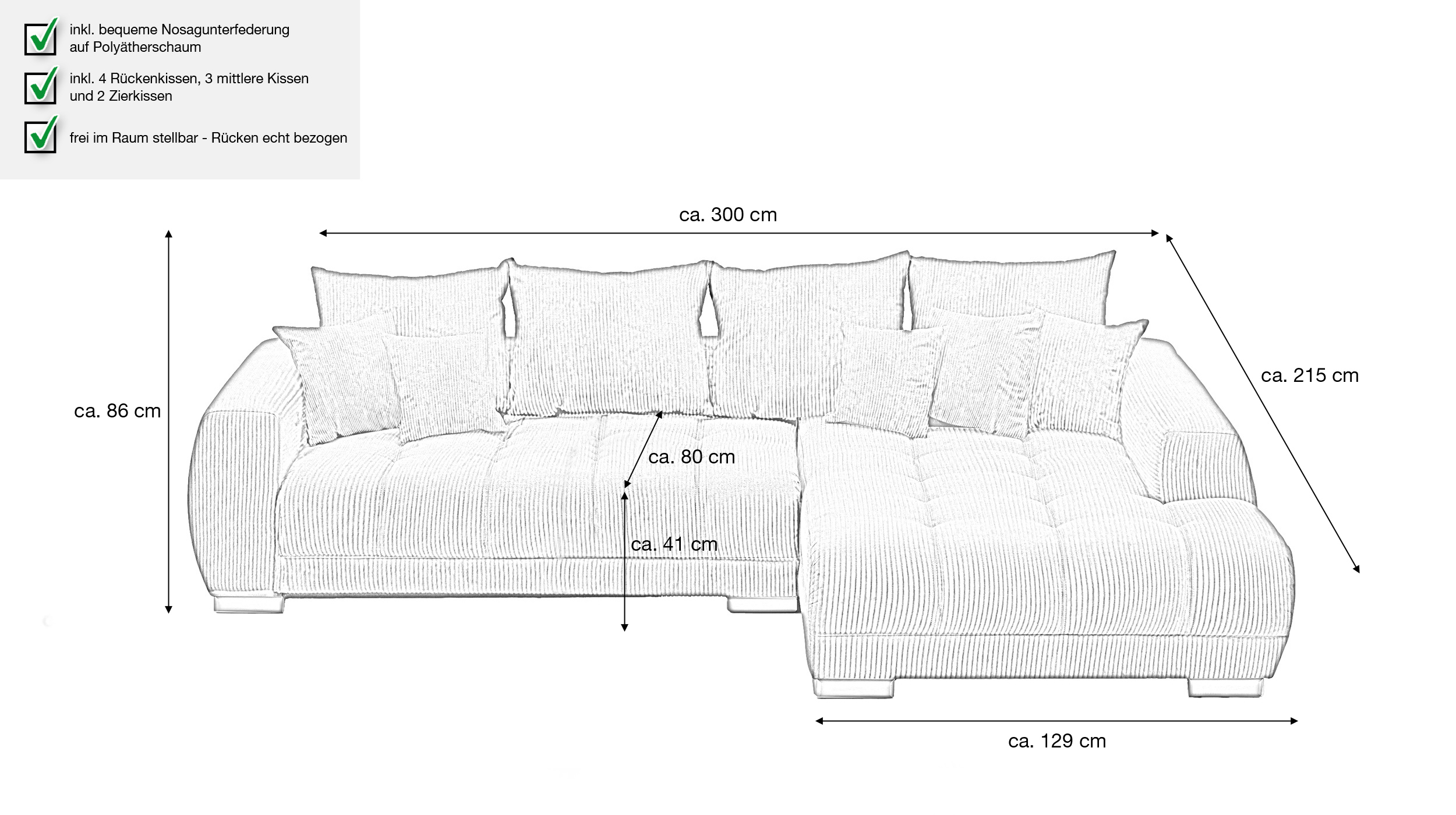 Ecksofa Cord grün 300 x 215 cm - OT rechts - ARTEMIS