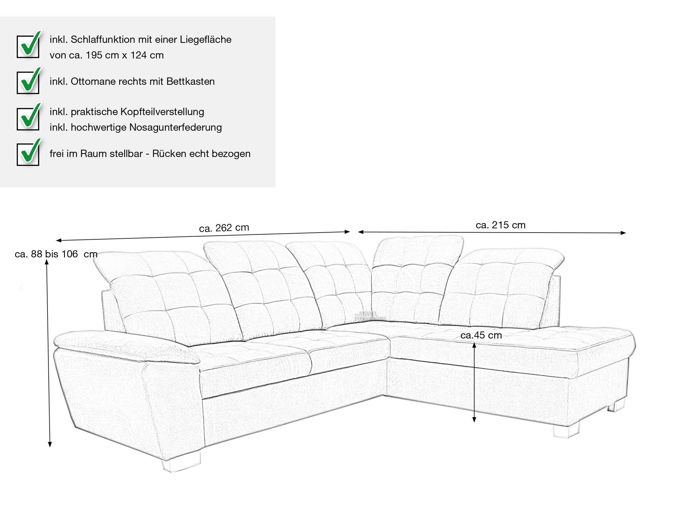 Ecksofa mit Schlaffunktion grau 262 x 215 cm Bettkasten - LOTTA