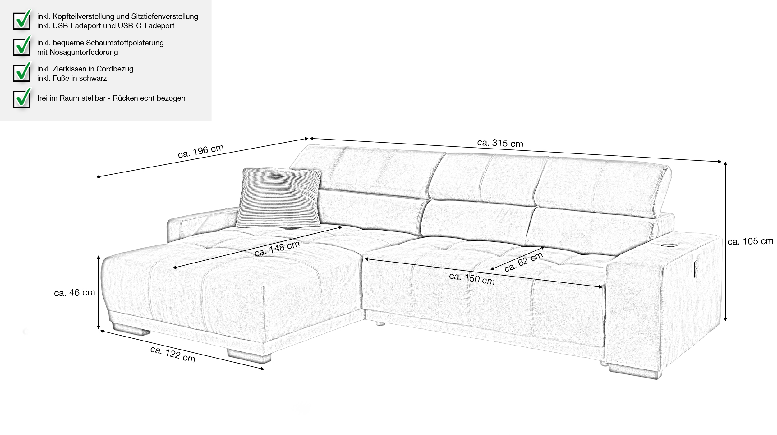Ecksofa grau ausziehbar - Sitztiefenverstellung 315 cm - LE MANS