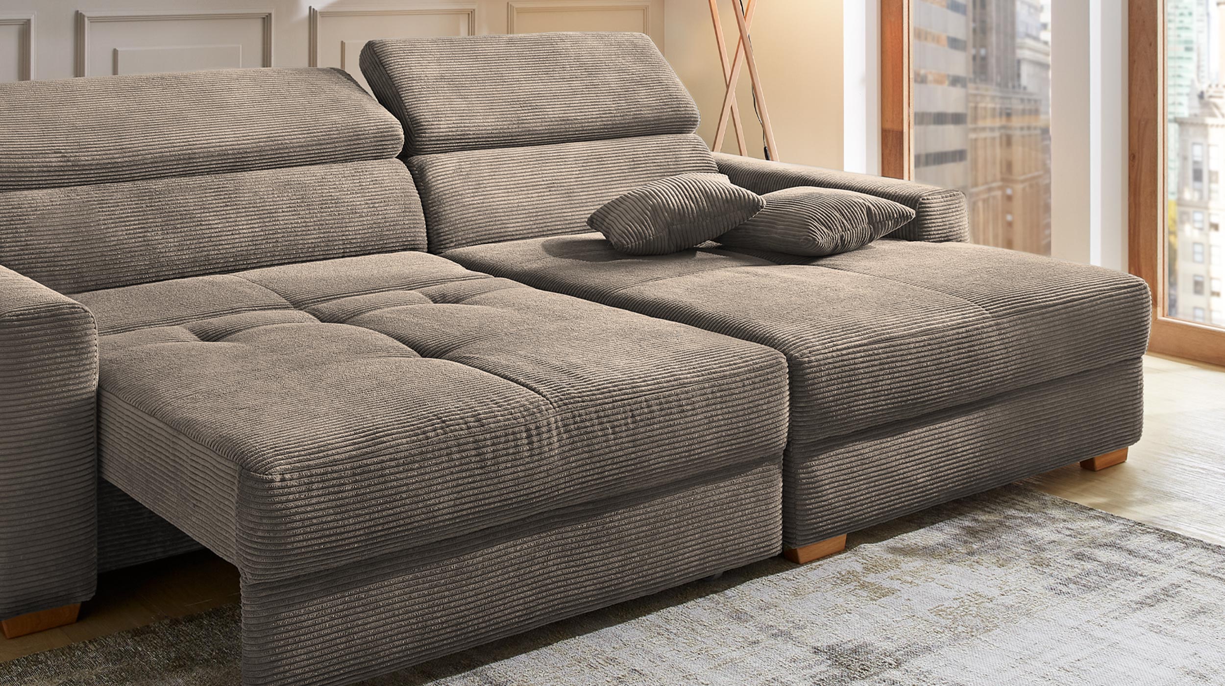 Ecksofa Cord taupe 277 x 187 cm mit Relaxfunktion - SLIDER