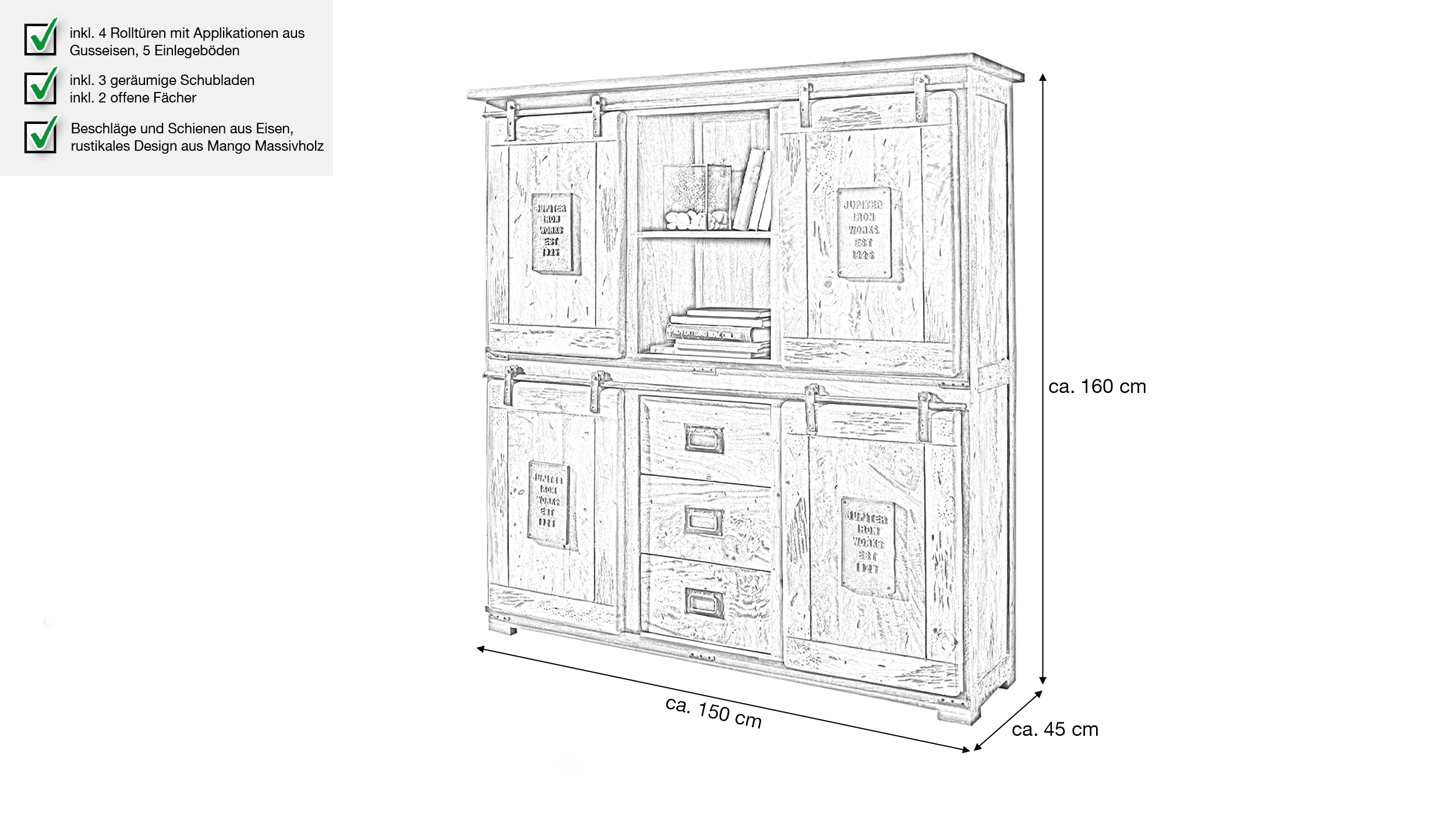 Highboard mit 4 Rolltüren Mango massiv 150 cm - montiert - EMANUEL