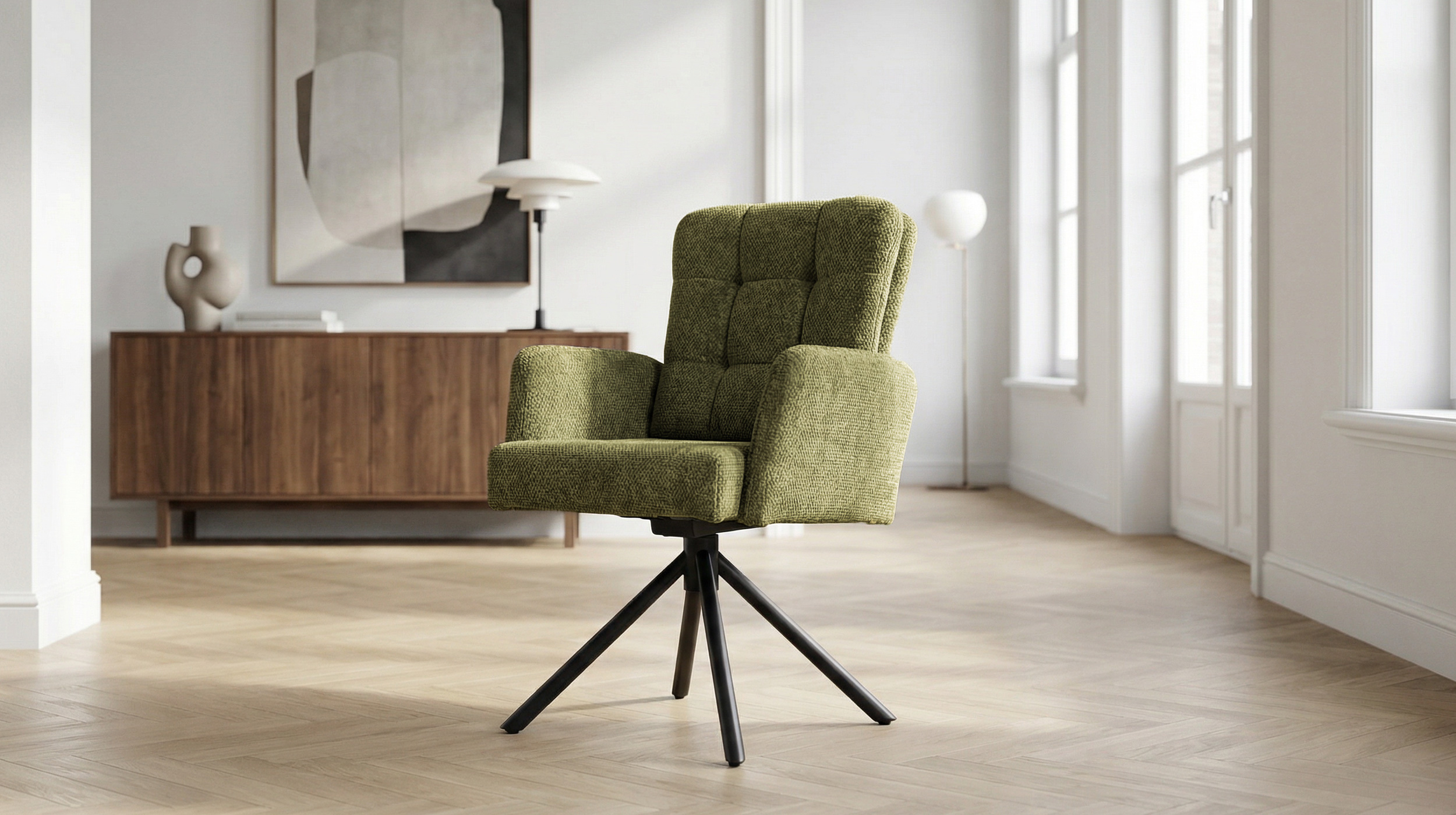 Armlehnstuhl grün Drehstuhl Taschenfederkern Chenille - HEDIA