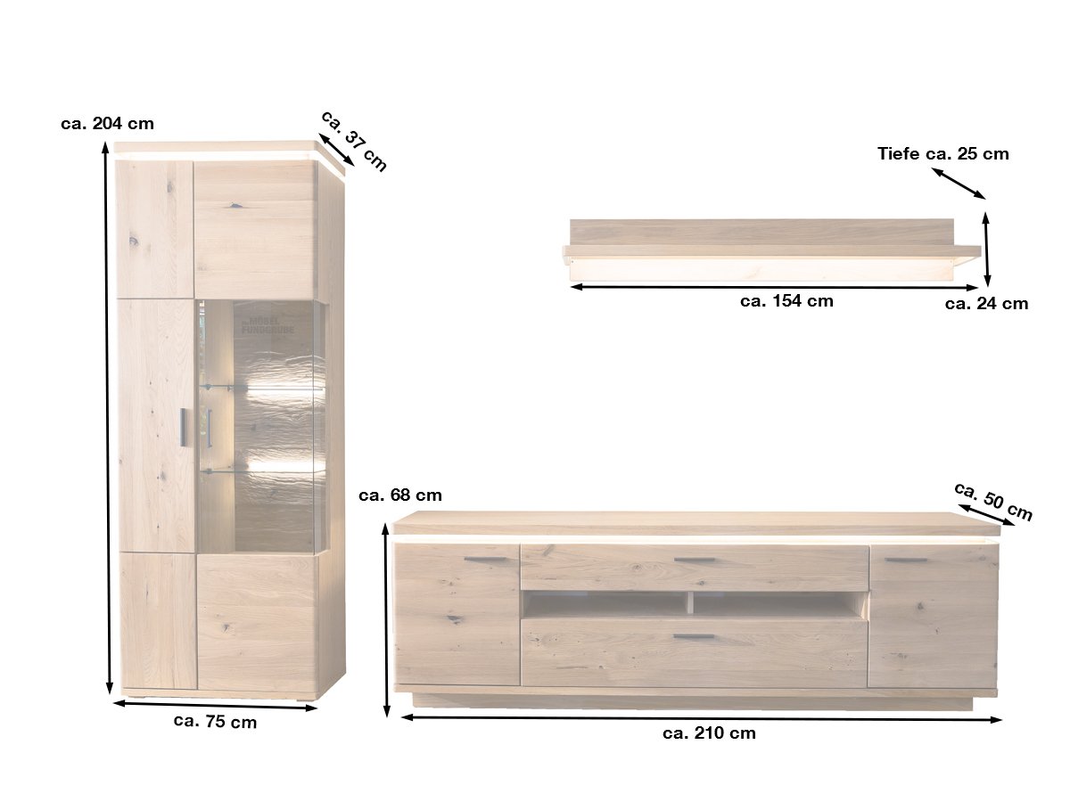 Wohnwand Balkeneiche Bianco massiv 300 cm - BARCELONA