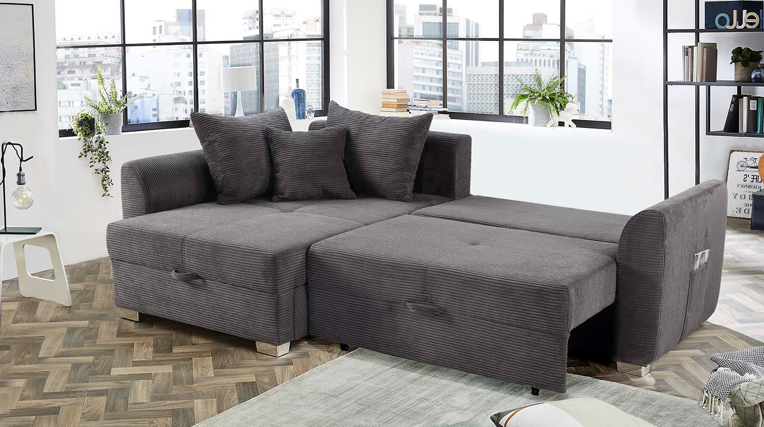 Ecksofa Cordbezug grau 236 x 160 cm - Bettkasten - BOOMER