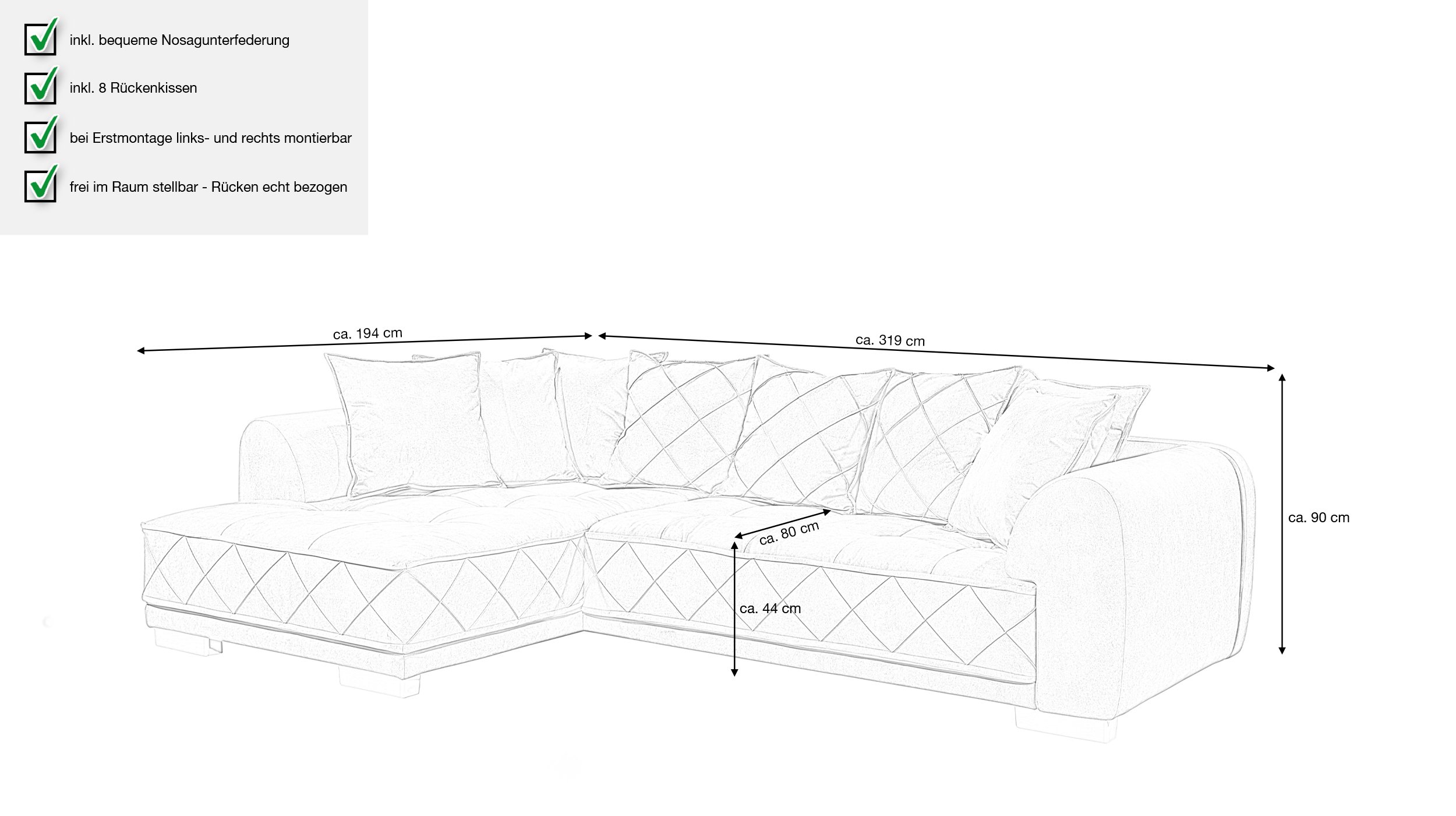 Ecksofa espresso 319 x 194 cm mit Kissen - SENTINA