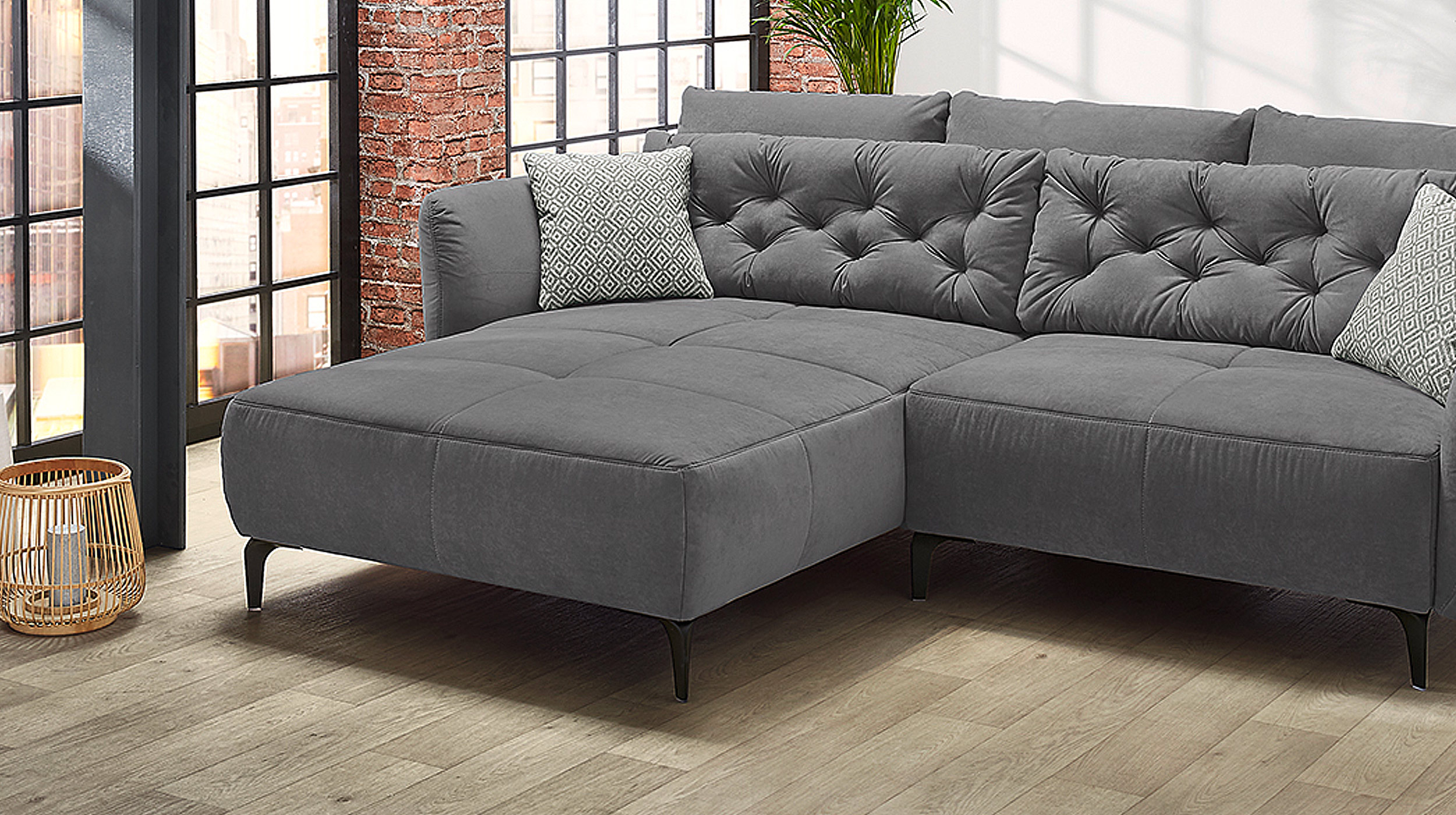 Ecksofa grau Veloursbezug 251 x 186 cm - SALO