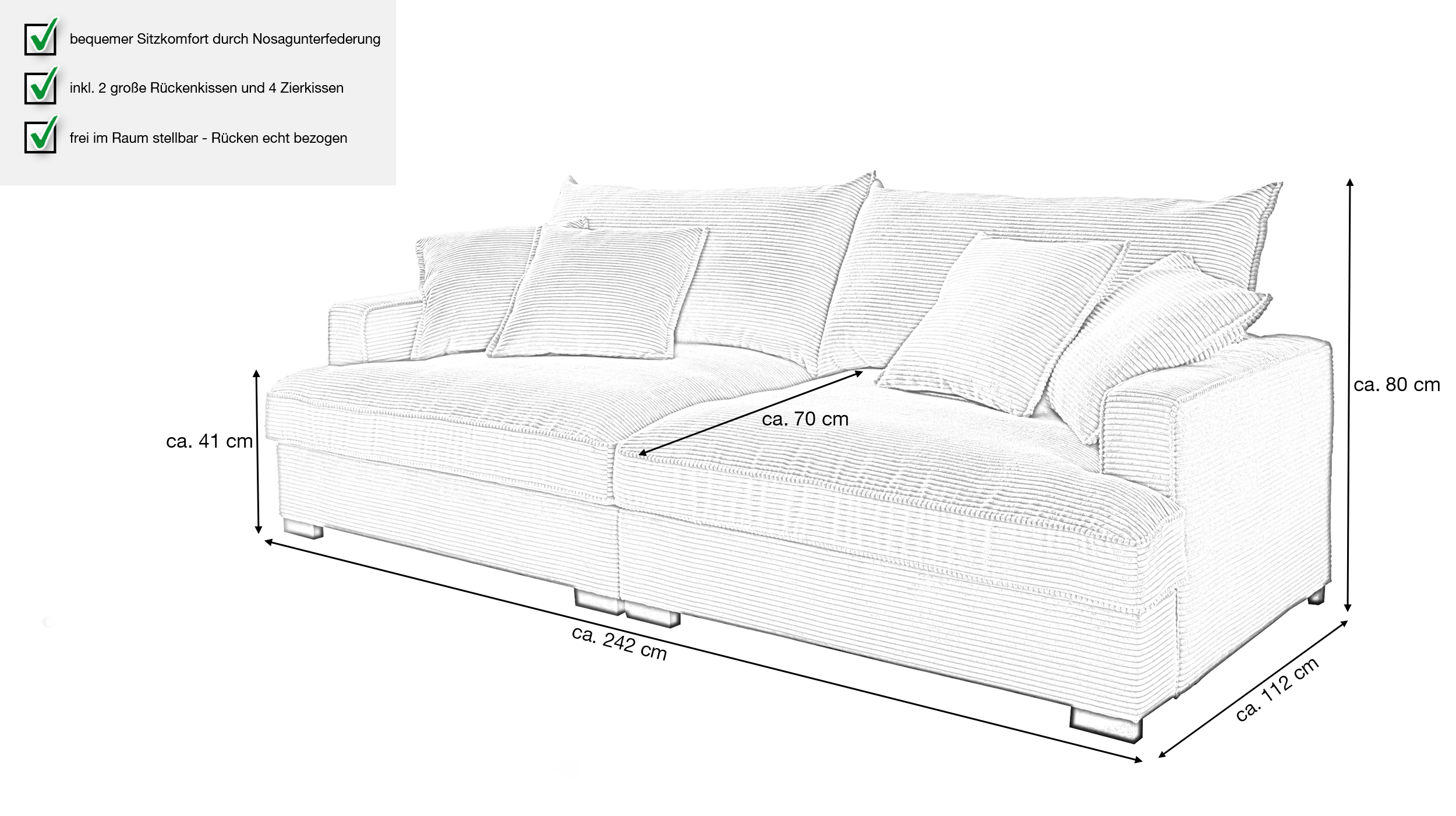 Big Sofa Cord beige - 242 cm - Nosagunterfederung - TRIBECCA 
