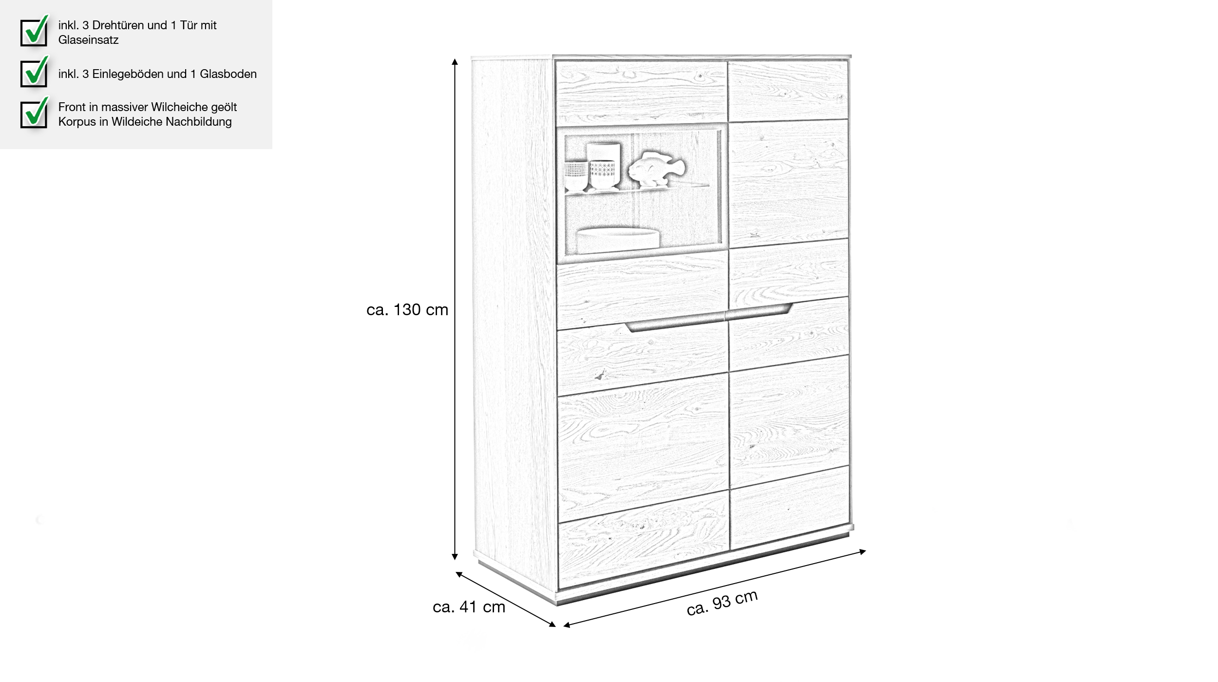 Highboard mit Glastür Wildeiche geölt teilmassiv 93 cm - ARAYA