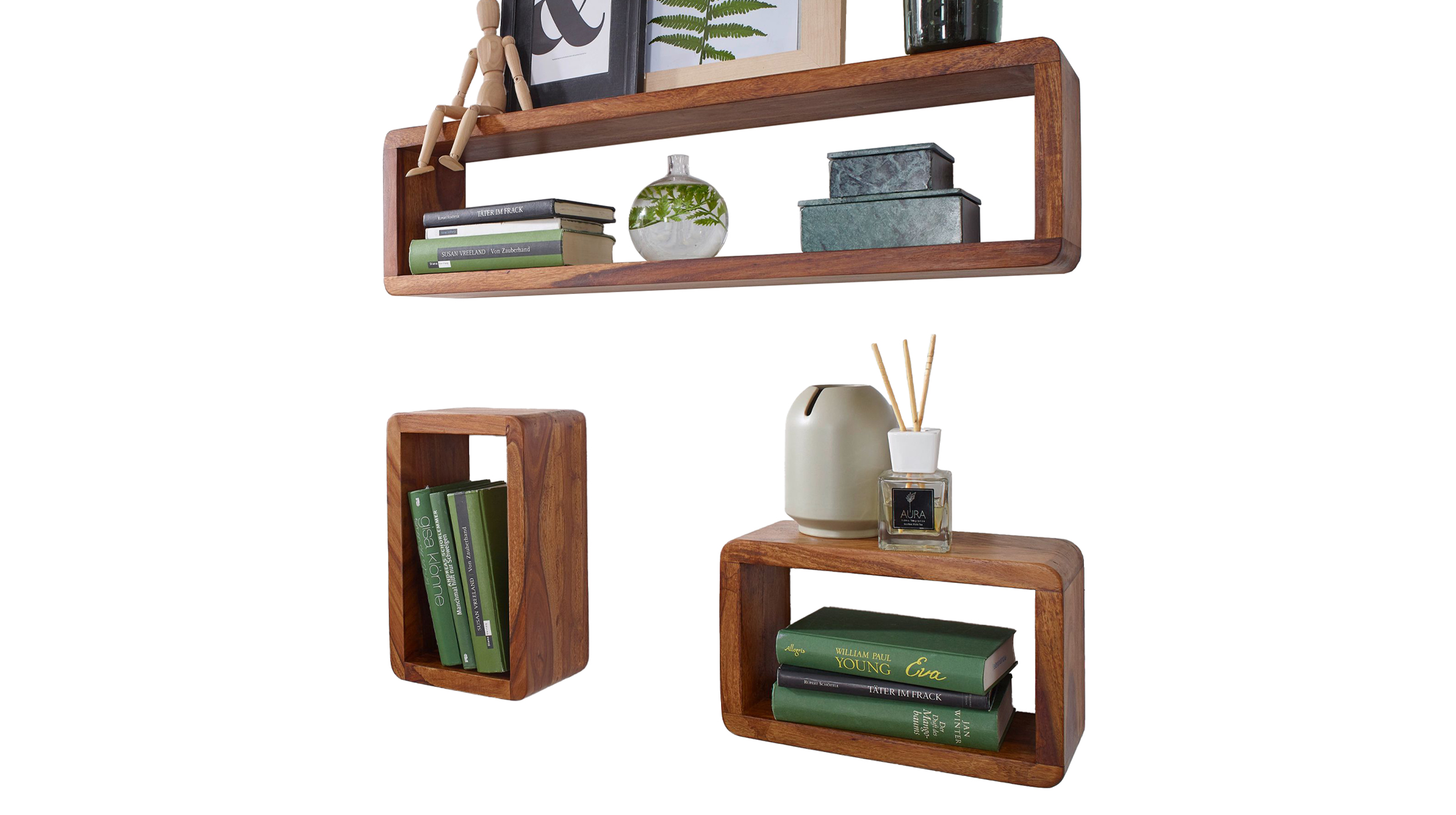 Wandregal 3er-Set Sheesham lackiert massiv 80 cm - BIRTE